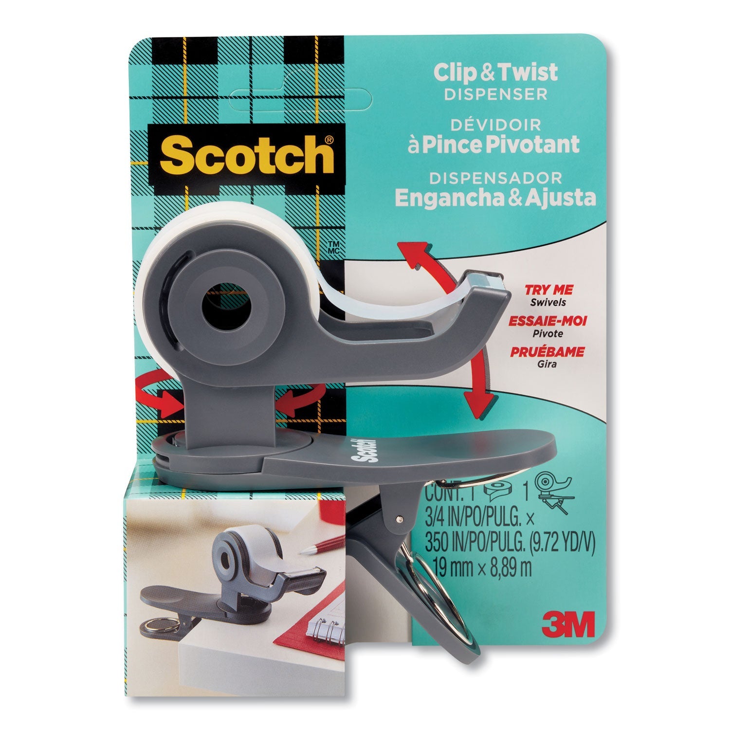 Scotch® Clip And Twist Desktop Tape Dispenser, With Tape Roll, 1" Core, Plastic, Gray