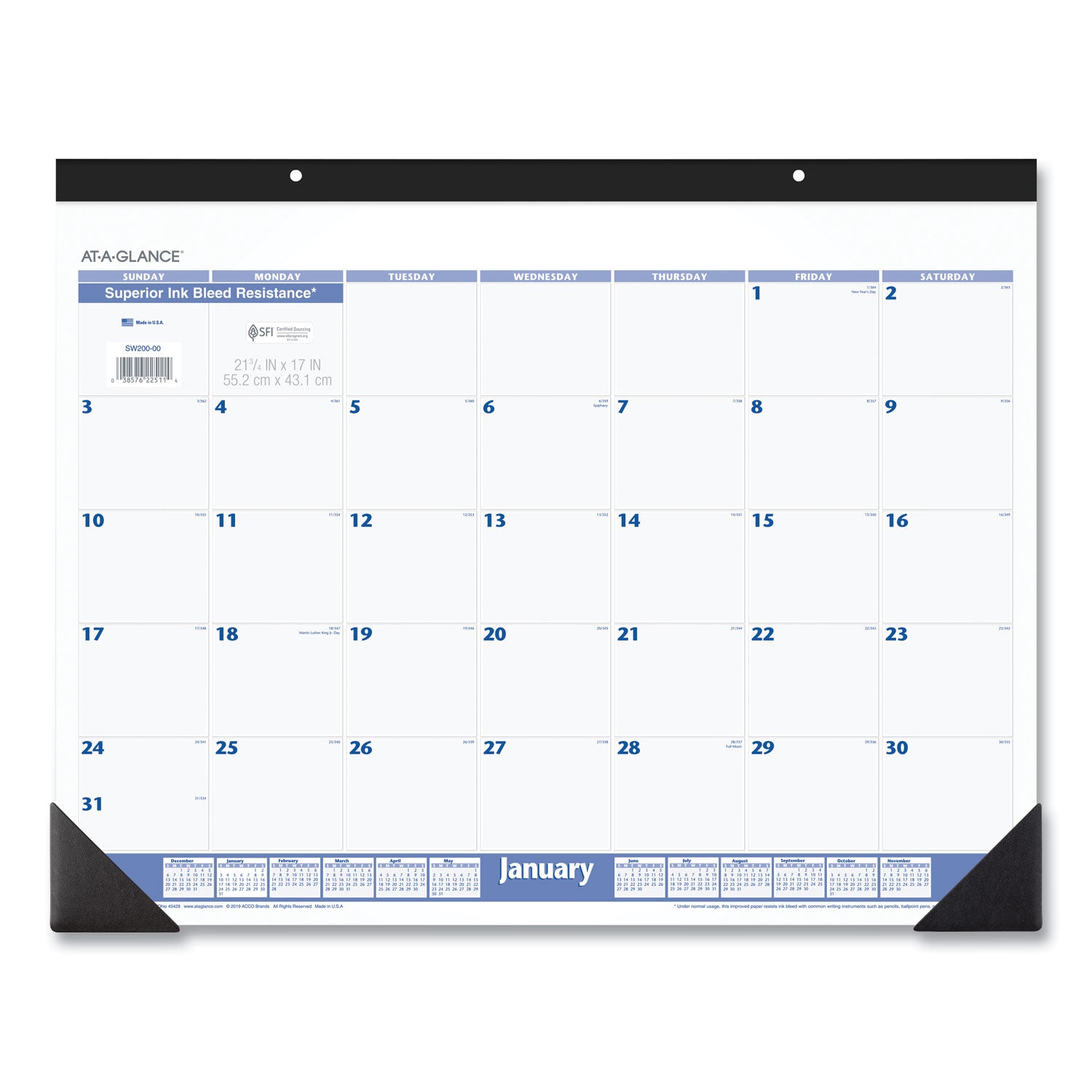 AT-A-GLANCE® Desk Pad, 22 x 17, White Sheets, Black Binding, Black Corners, 12-Month (Jan to Dec): 2025