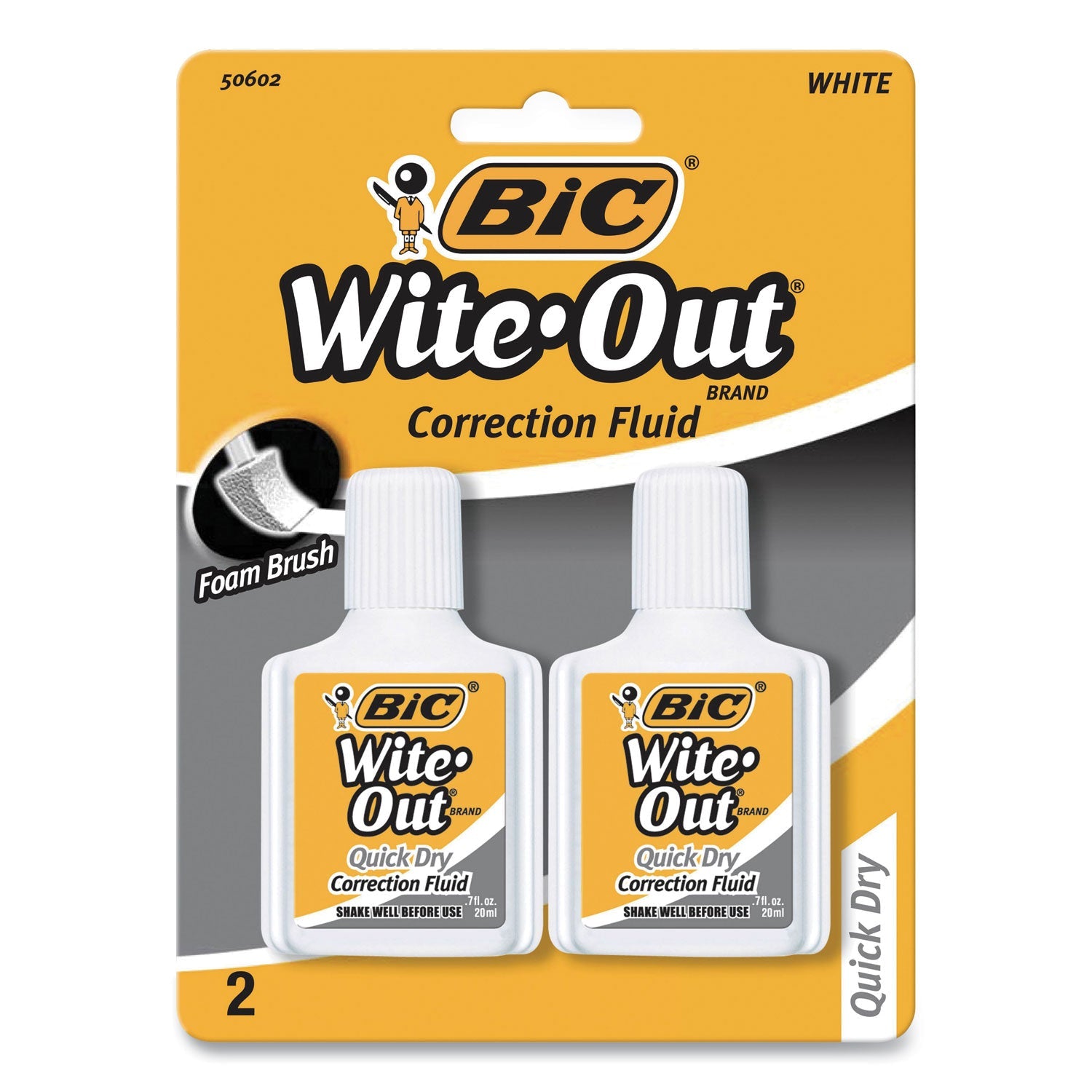 BIC® WITE-OUT QUICK DRY CORRECTION FLUID, 20 ML BOTTLE, WHITE, 2/PACK