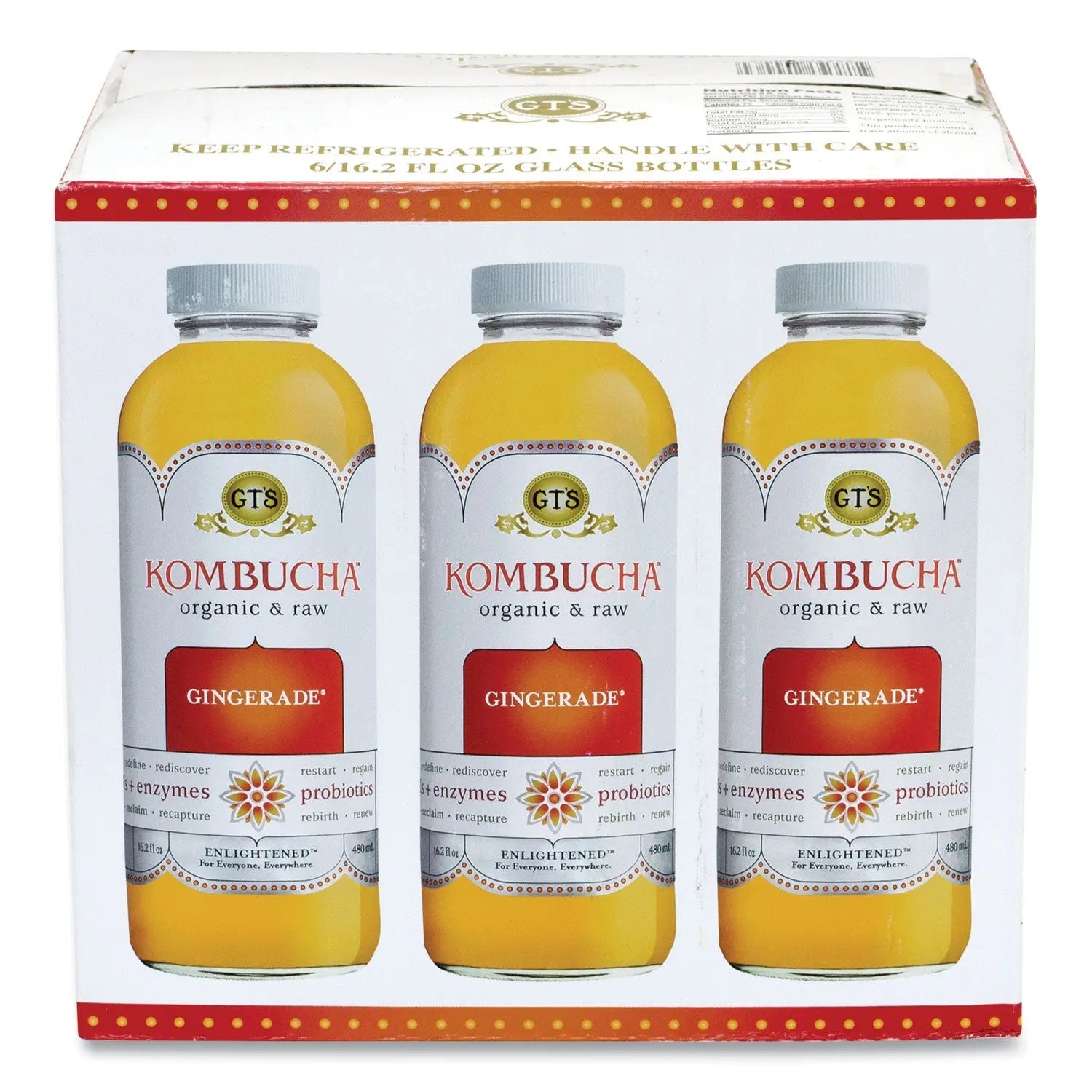 GT's Living Foods Organic Raw Kombucha Gingerade, 16.2 oz Bottle, 6/Carton - Bloom Skins