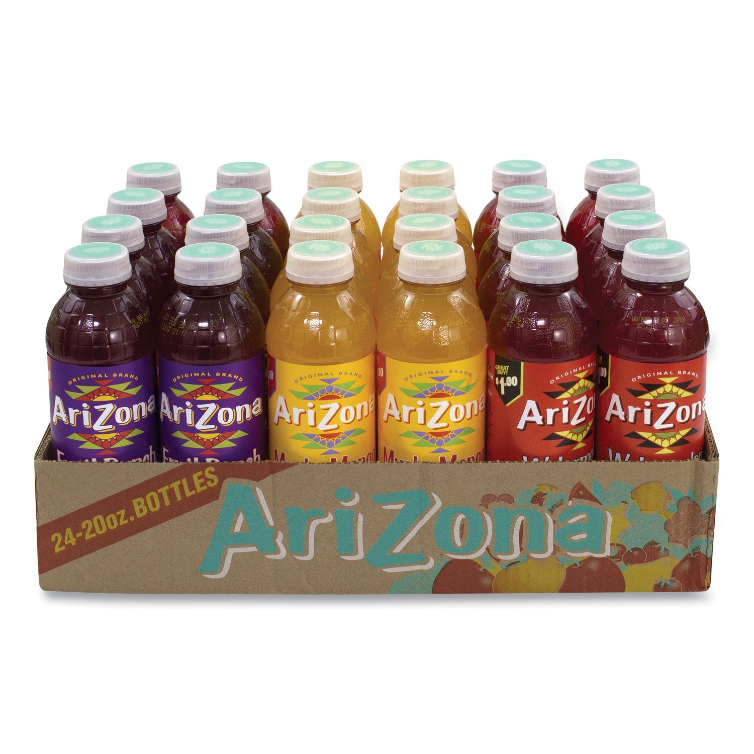 Arizona® Juice Variety Pack, Fruit Punch/Mucho Mango/Watermelon, 20 oz Bottle, 24/Carton