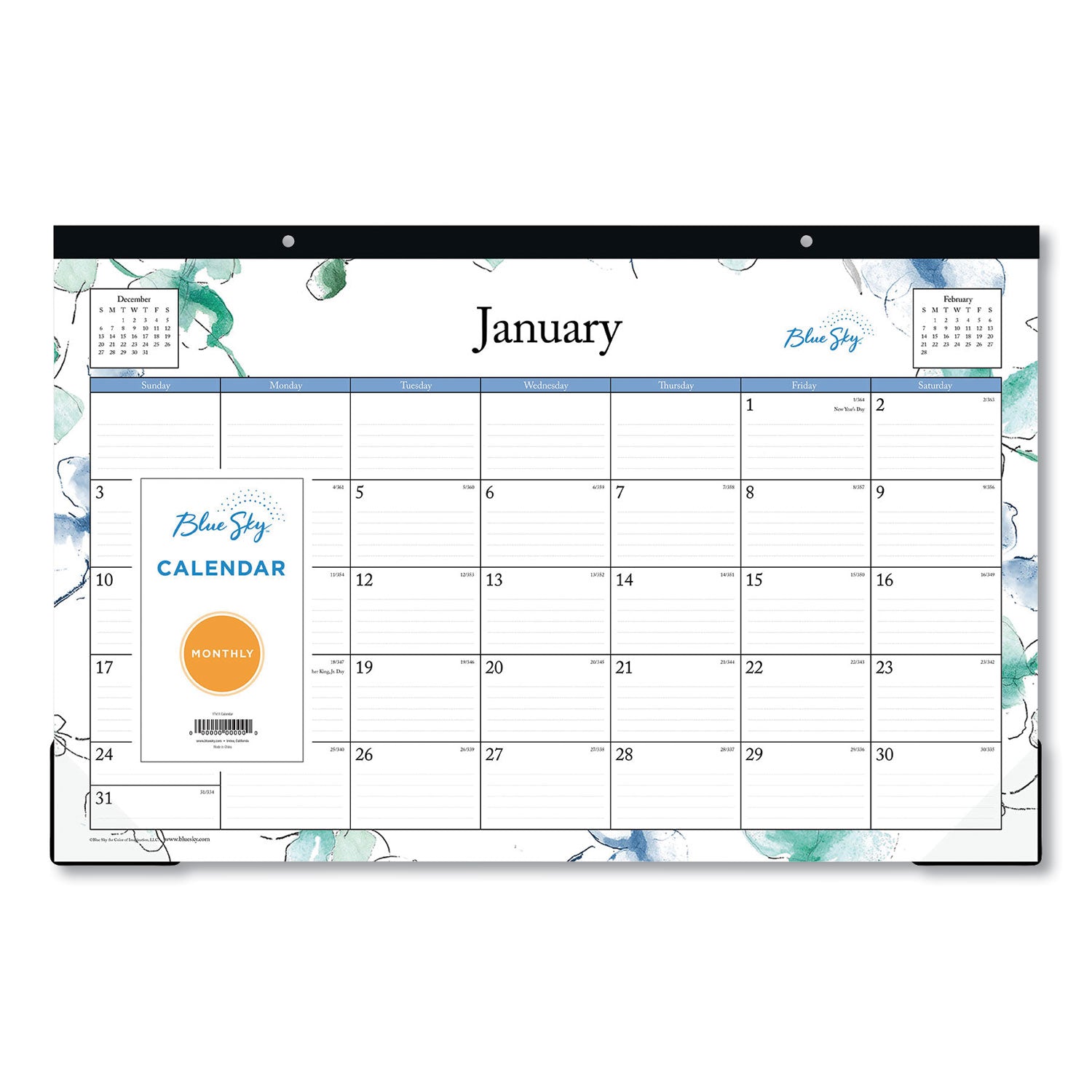 Blue Sky® Lindley Desk Pad, Floral Artwork, 17 x 11, White/Blue/Green Sheets, Black Binding, Clear Corners, 12-Month (Jan to Dec): 2025