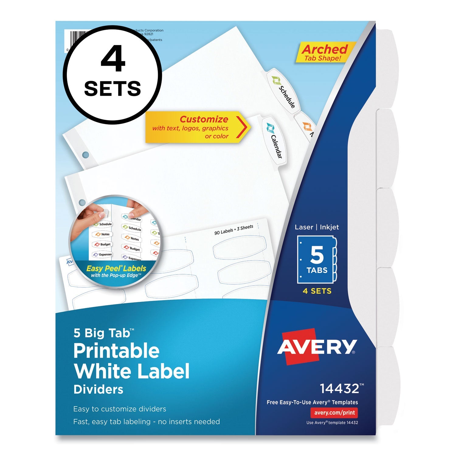 Avery® Big Tab Printable White Label Tab Dividers, 5-Tab, 11 x 8.5, White, 4 Sets