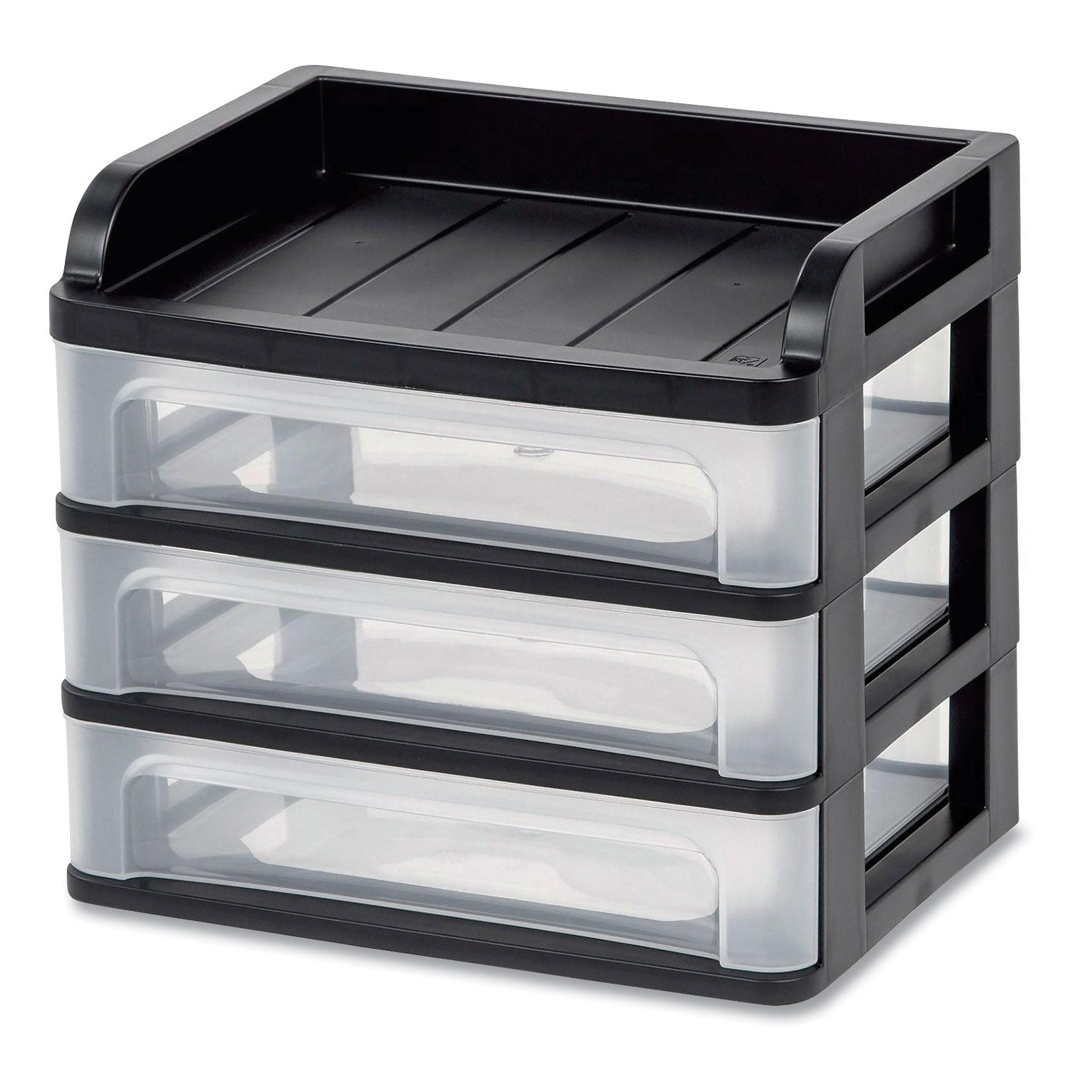 IRIS Medium Three-Drawer Desktop Storage, 3 Sections, Letter Size Files, 14.25 X 11.88 X 11.25, Black/clear
