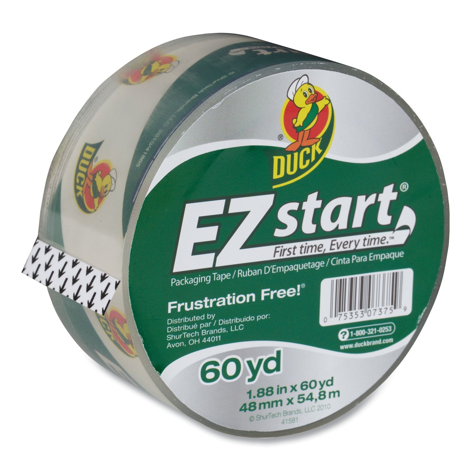 Duck® Ez Start Premium Packaging Tape, 3" Core, 1.88" X 60 Yds, Clear