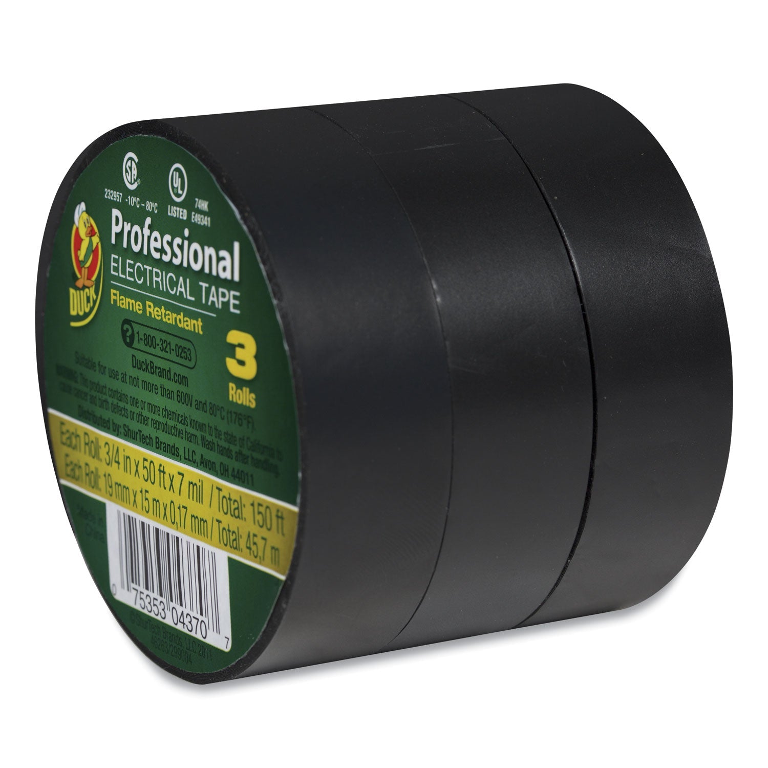 Pro Electrical Tape | 0.75"x50ft, Black, 3/Pack, Duck®