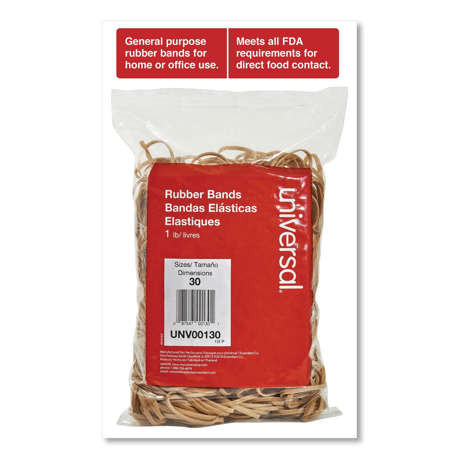Universal® Rubber Bands, Size 30, 0.04" Gauge, Beige, 1 Lb Box, 1,100/pack