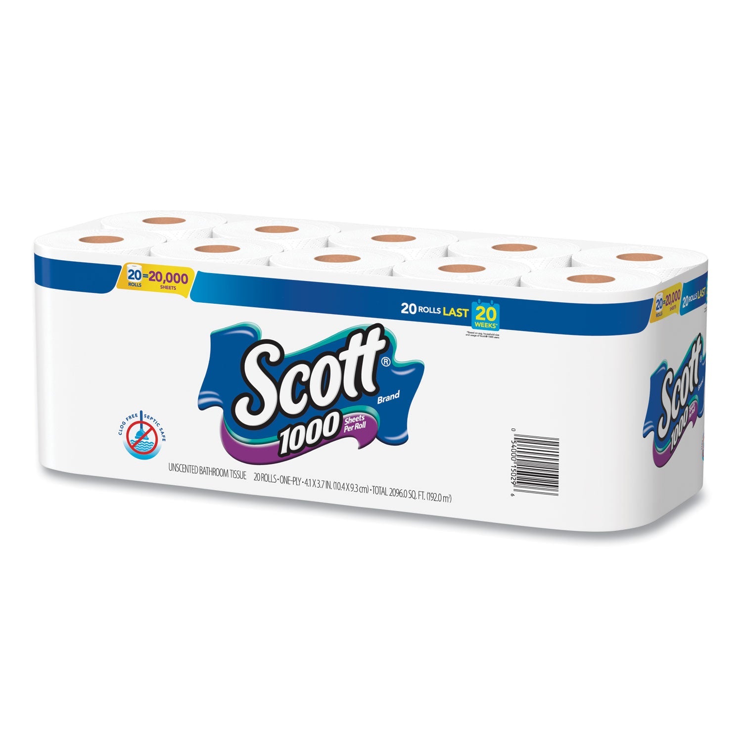 Scott® 1000 Bathroom Tissue, Septic Safe, 1-Ply, White, 1,000 Sheet/Roll, 20/Pack