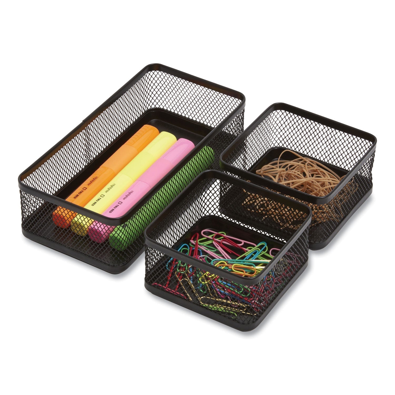 TRU RED™ Three Compartment Stackable Wire Mesh Desk Organizer, 8.46 X 4.92 X 4.33, Black