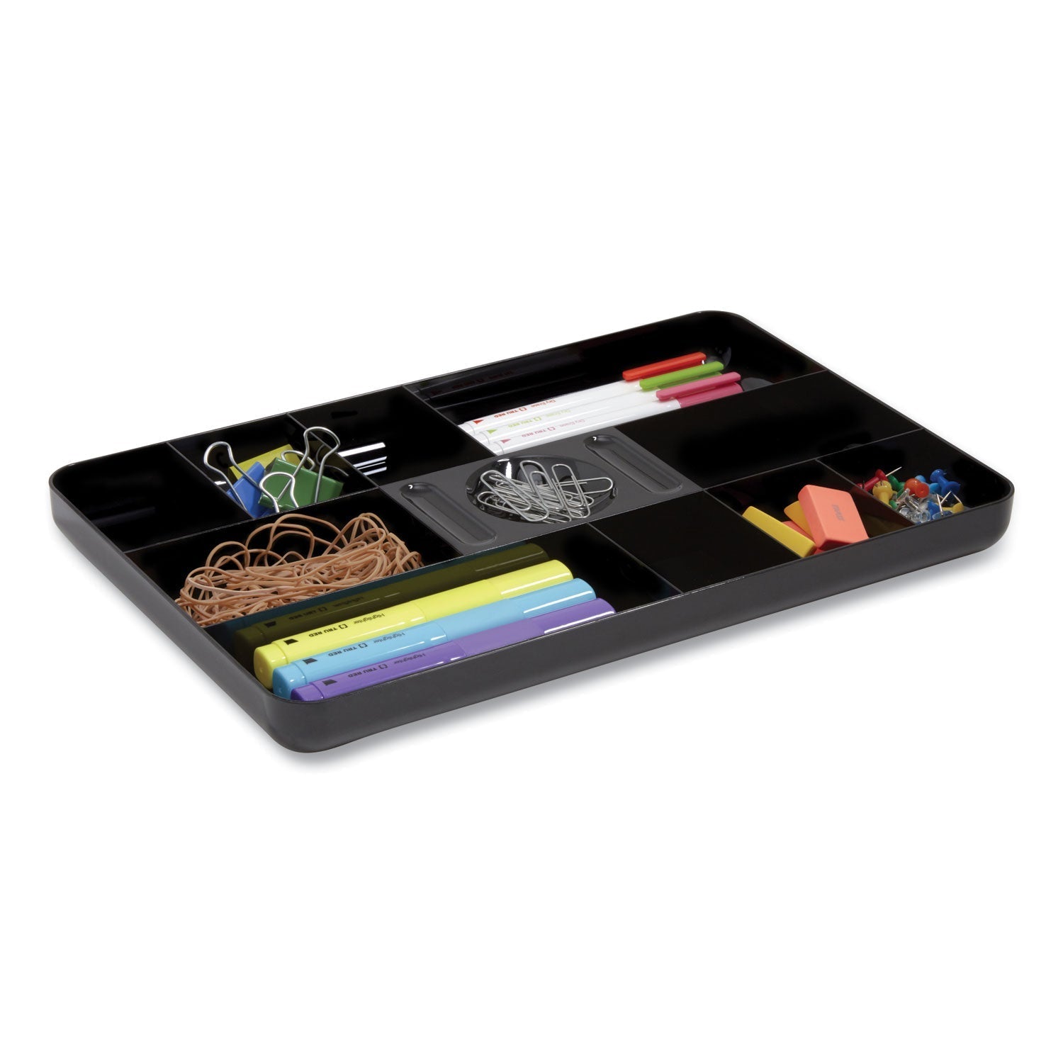 TRU RED™ Shallow Plastic Drawer Organizer, 13 Compartments, 9.11 X 14.11 X 1.24, Black