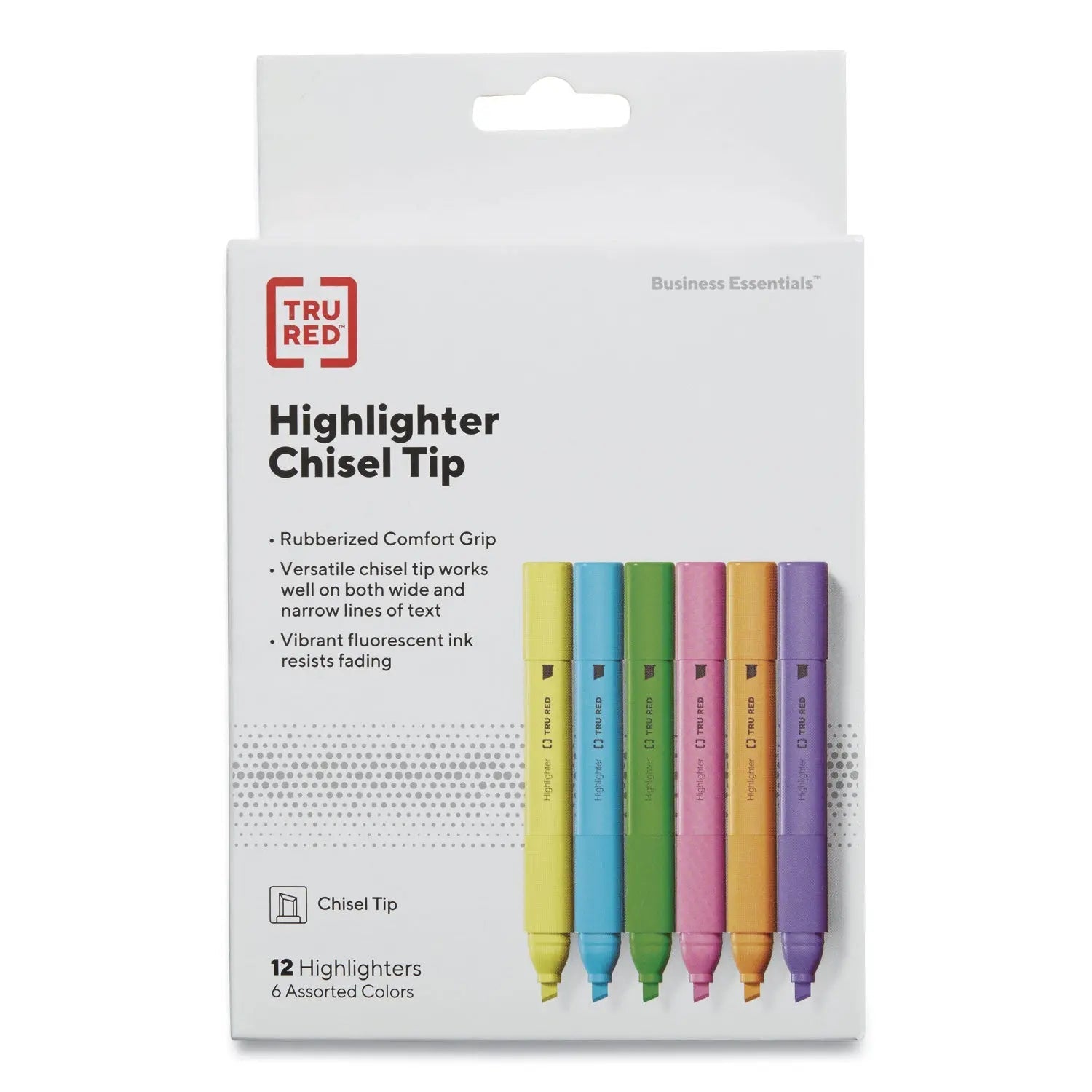 TRU RED™ Tank Style Chisel Tip Highlighter, Assorted Ink Colors, Chisel Tip, Assorted Barrel Colors, 12/Pack