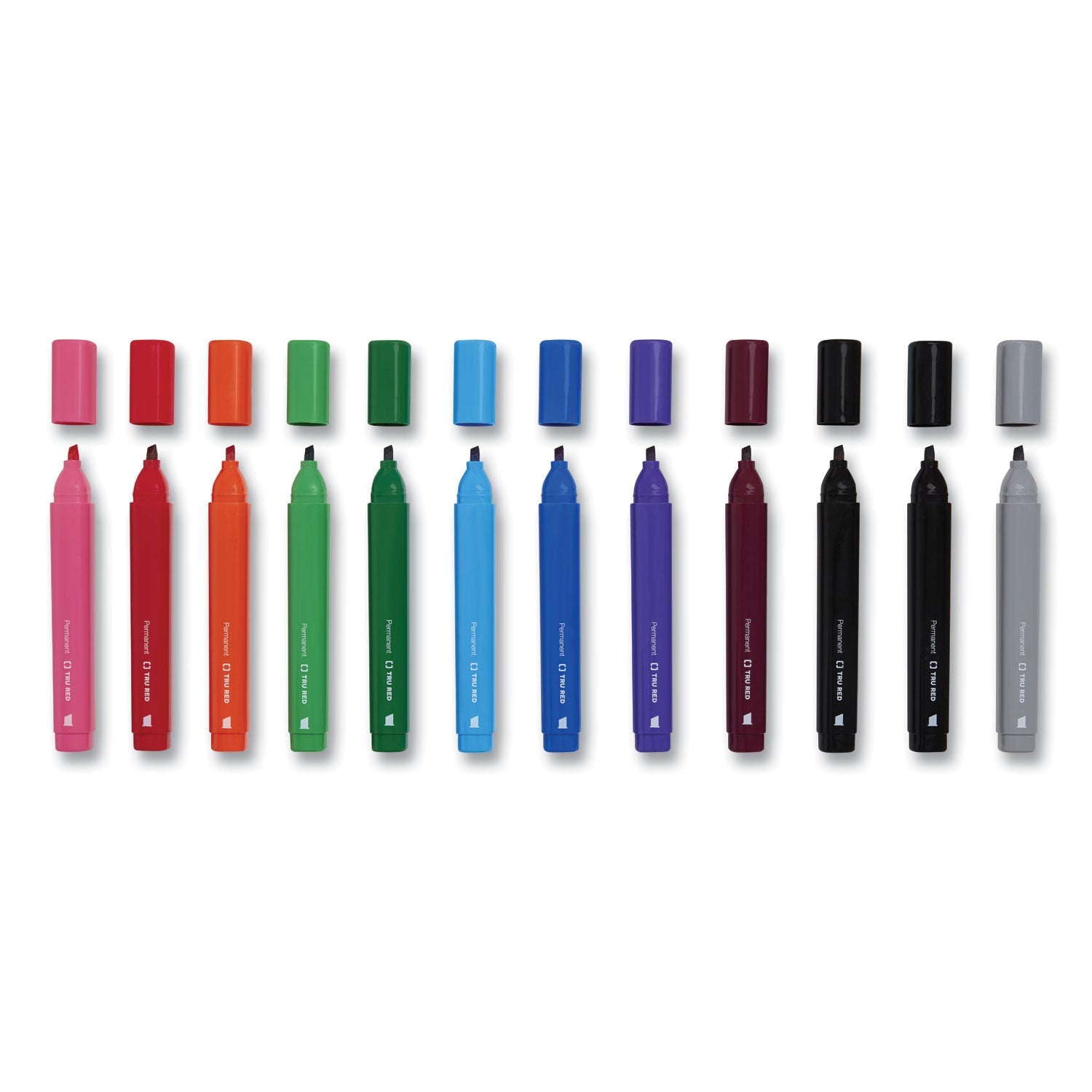 TRU RED™ PERMANENT MARKER, TANK-STYLE, MEDIUM CHISEL TIP, ASSORTED COLORS, 12/PACK