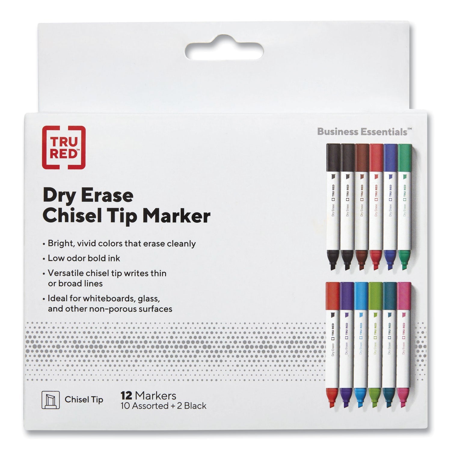 TRU RED™ DRY ERASE MARKER, TANK-STYLE, MEDIUM CHISEL TIP, ASSORTED COLORS, 12/PACK