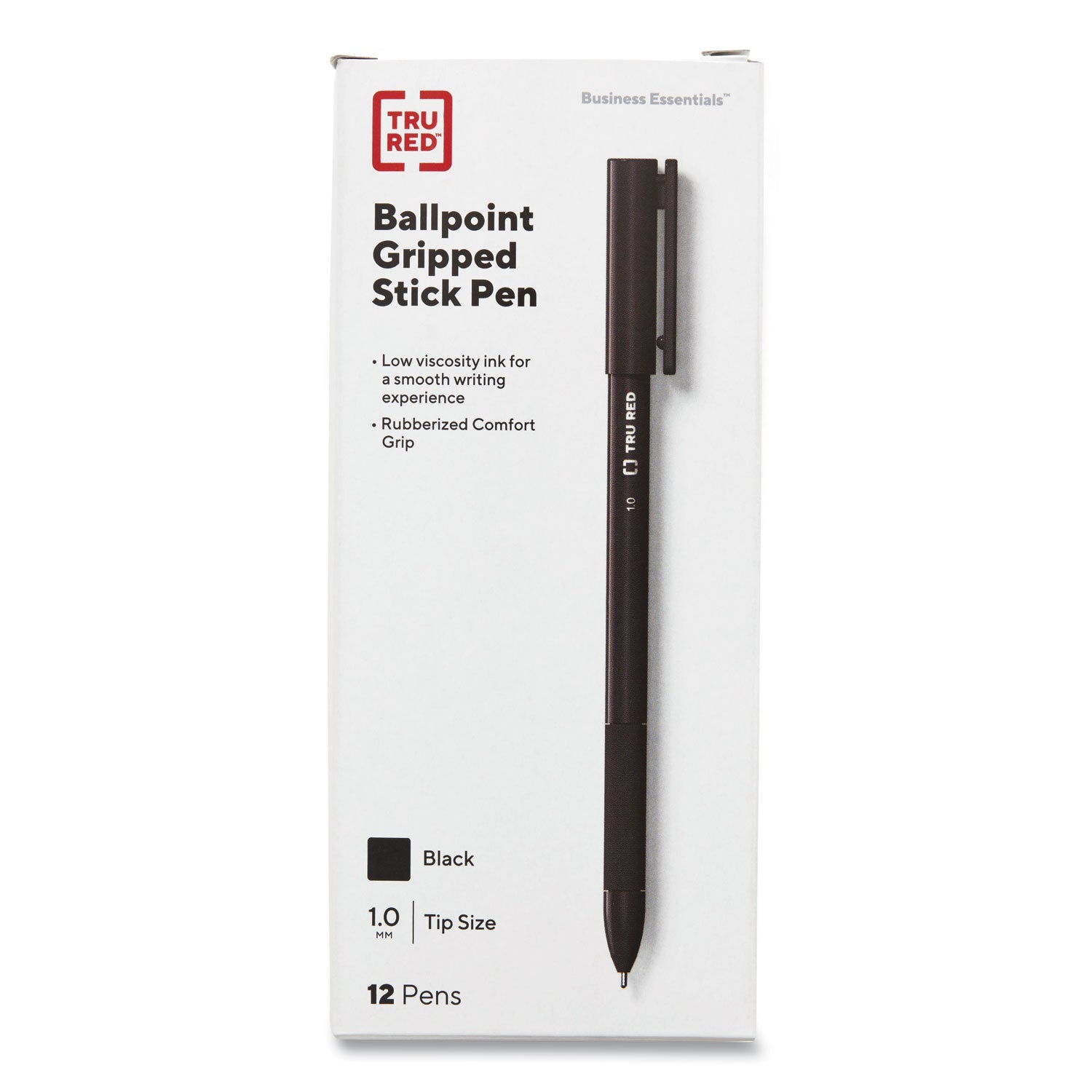 TRU RED™ Gripped Ballpoint Pen, Stick, Medium 1 mm, Black Ink, Black Barrel, Dozen