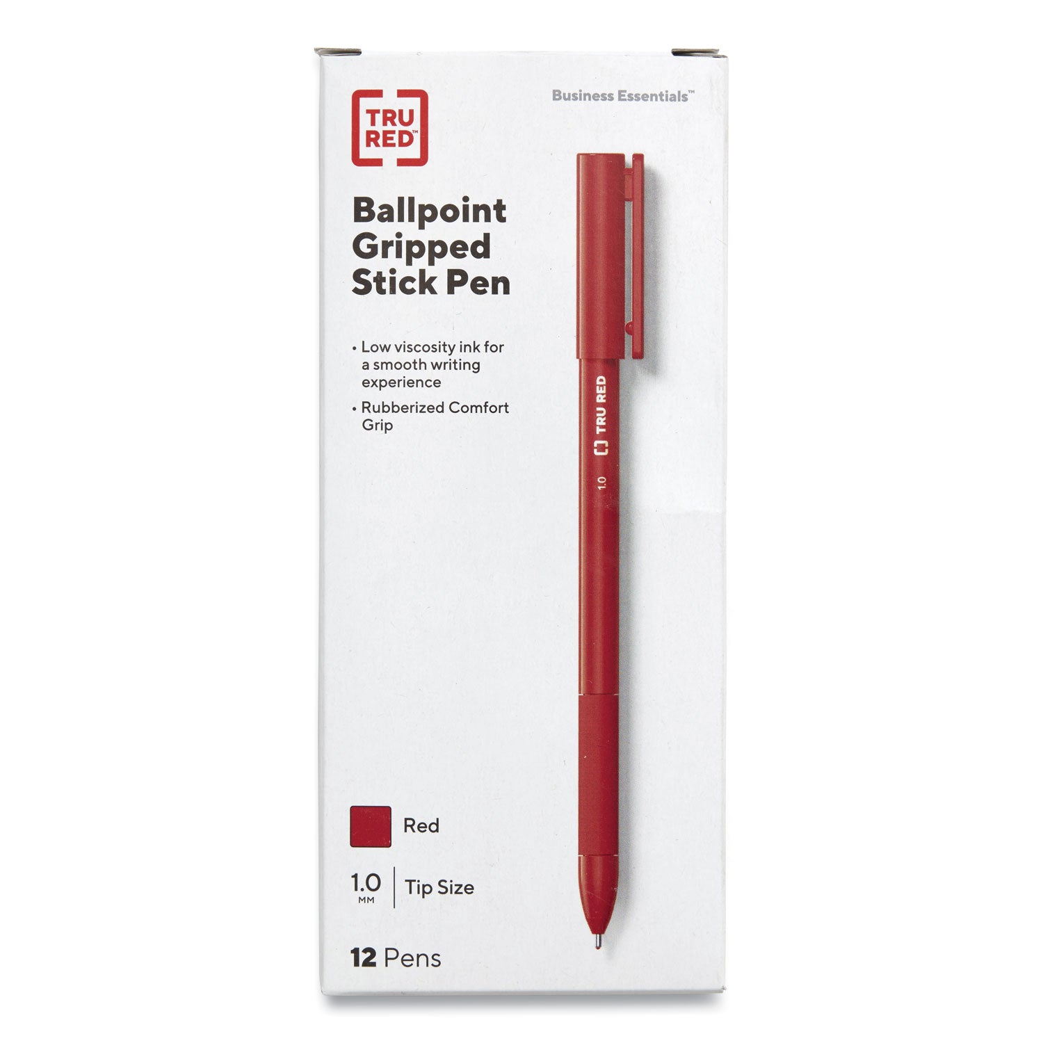 TRU RED™ Gripped Ballpoint Pen, Stick, Medium 1 mm, Red Ink, Red Barrel, Dozen