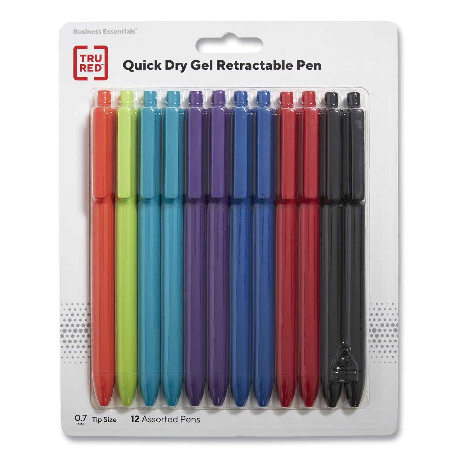 TRU RED™ QUICK DRY GEL PEN, RETRACTABLE, MEDIUM 0.7 MM, ASSORTED INK AND BARREL COLORS, 12/PACK