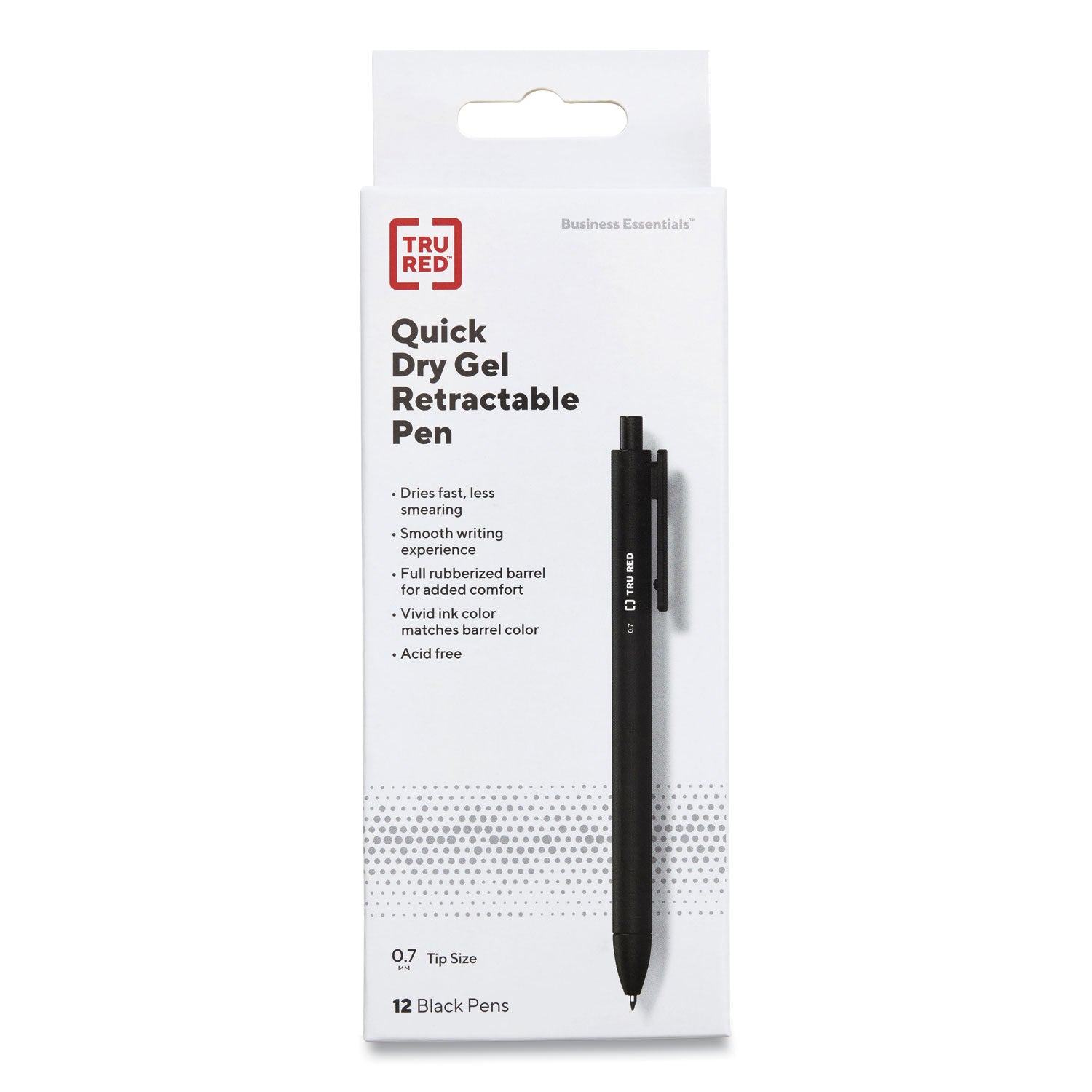TRU RED™ QUICK DRY GEL PEN, RETRACTABLE, MEDIUM 0.7 MM, BLACK INK, BLACK BARREL, DOZEN