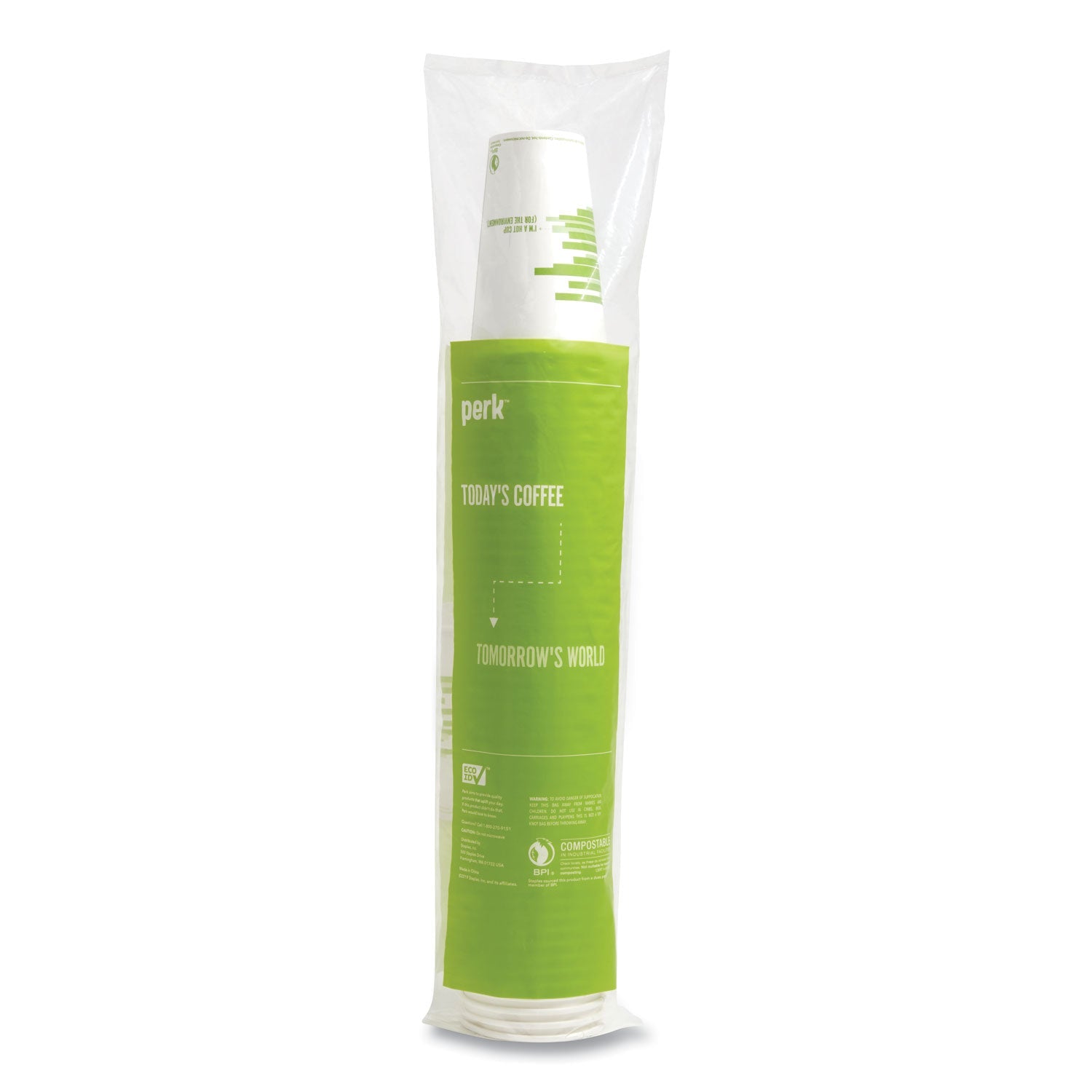 Perk™ Eco-ID Compostable Paper Hot Cups, 12 oz,  White/Green, 50/Pack