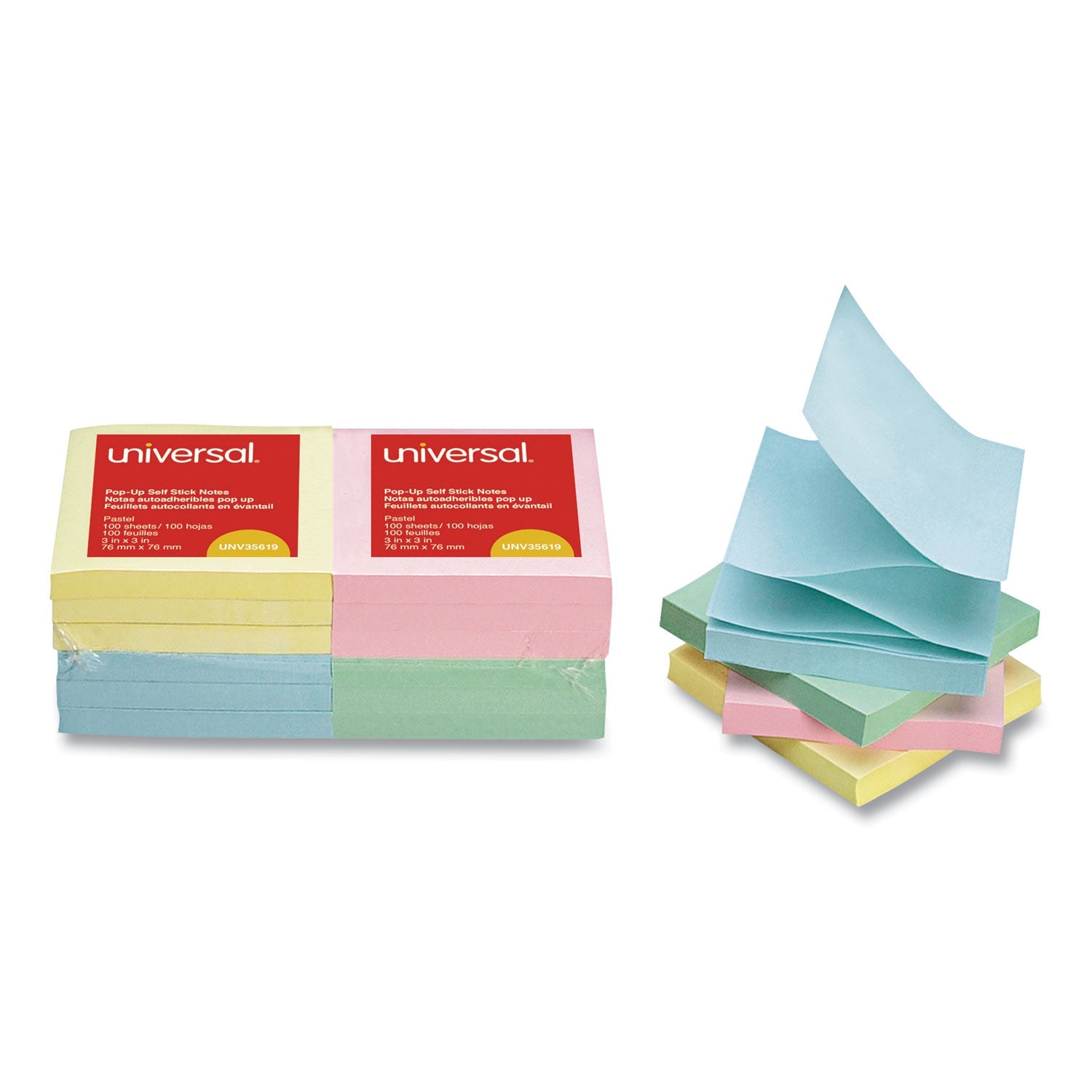 Universal® Fan-Folded Self-Stick Pop-Up Note Pads, 3" x 3", Assorted Pastel Colors, 100 Sheets/Pad, 12 Pads/Pack
