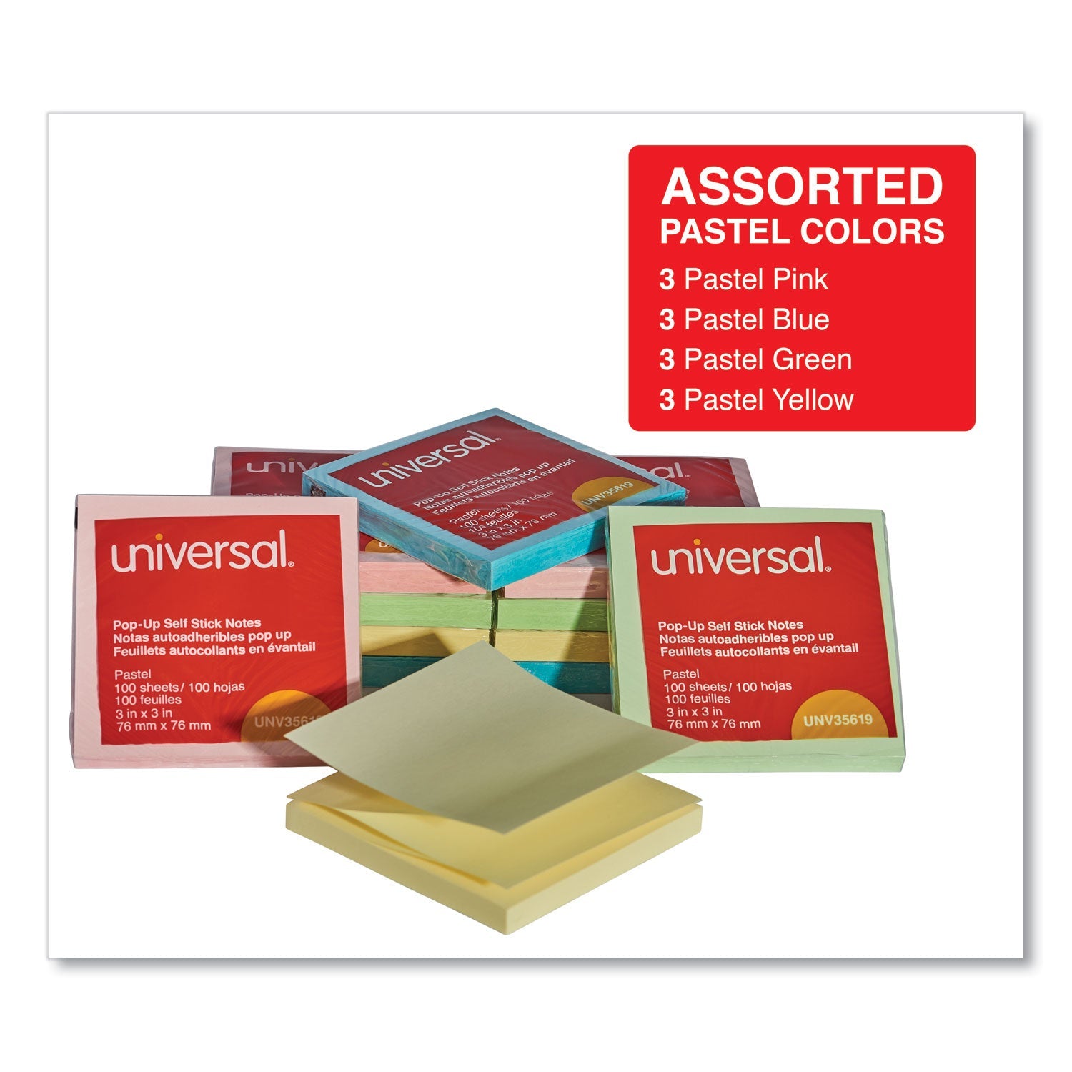 Universal® Fan-Folded Self-Stick Pop-Up Note Pads, 3" x 3", Assorted Pastel Colors, 100 Sheets/Pad, 12 Pads/Pack
