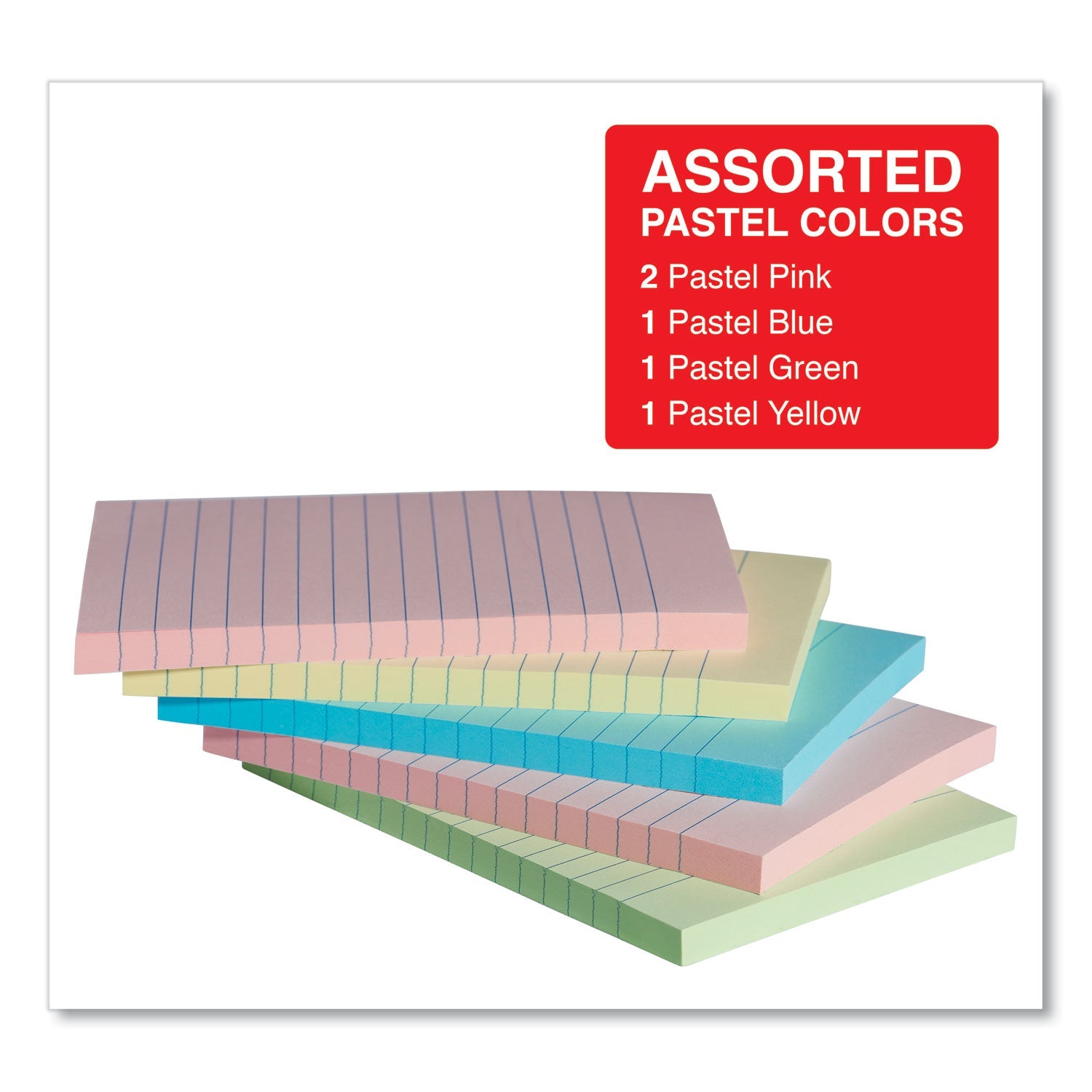 Universal® Self-Stick Note Pads, Note Ruled, 4" x 6", Assorted Pastel Colors, 100 Sheets/Pad, 5 Pads/Pack