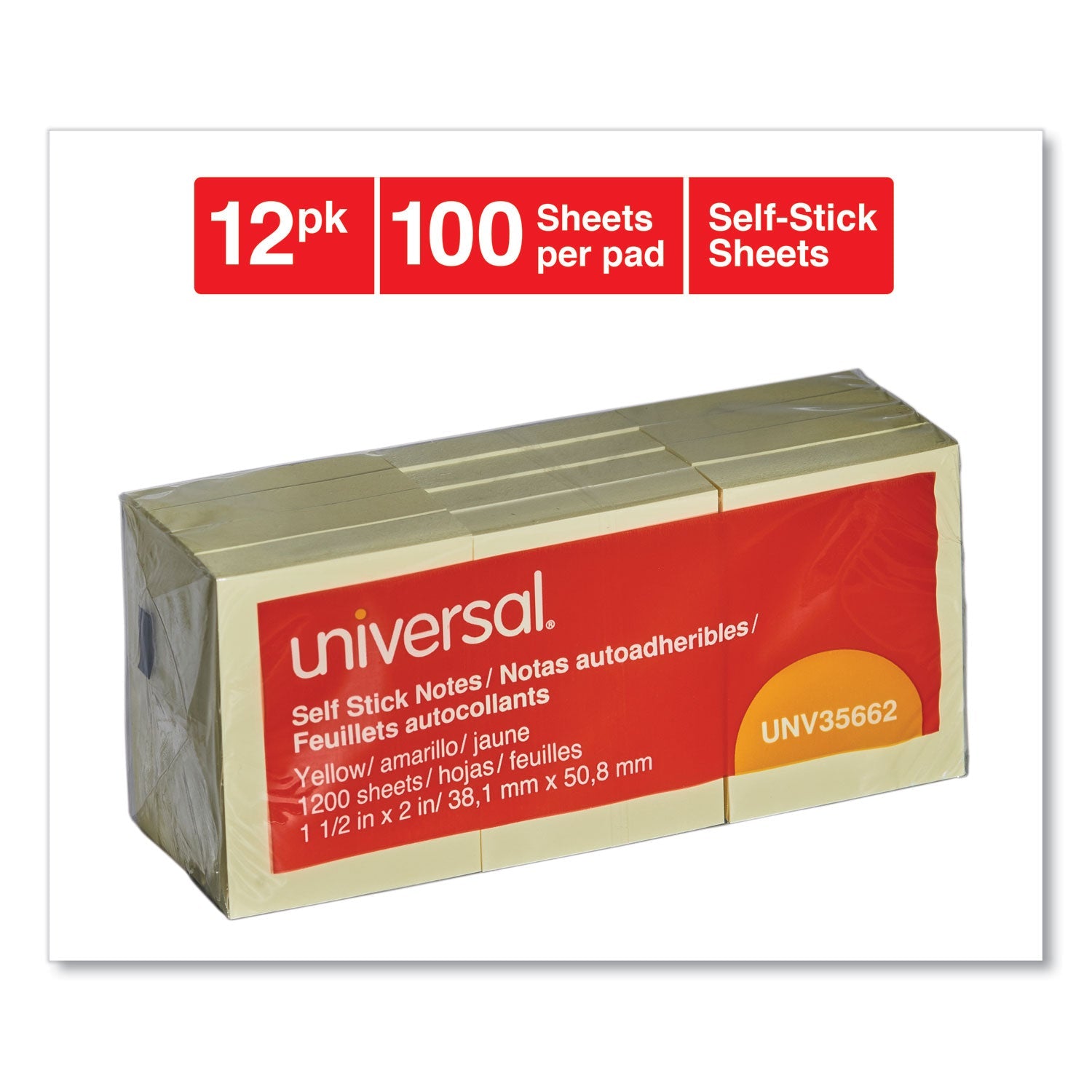 Universal® Self-Stick Note Pads, 1.5" x 2", Yellow, 100 Sheets/Pad, 12 Pads/Pack