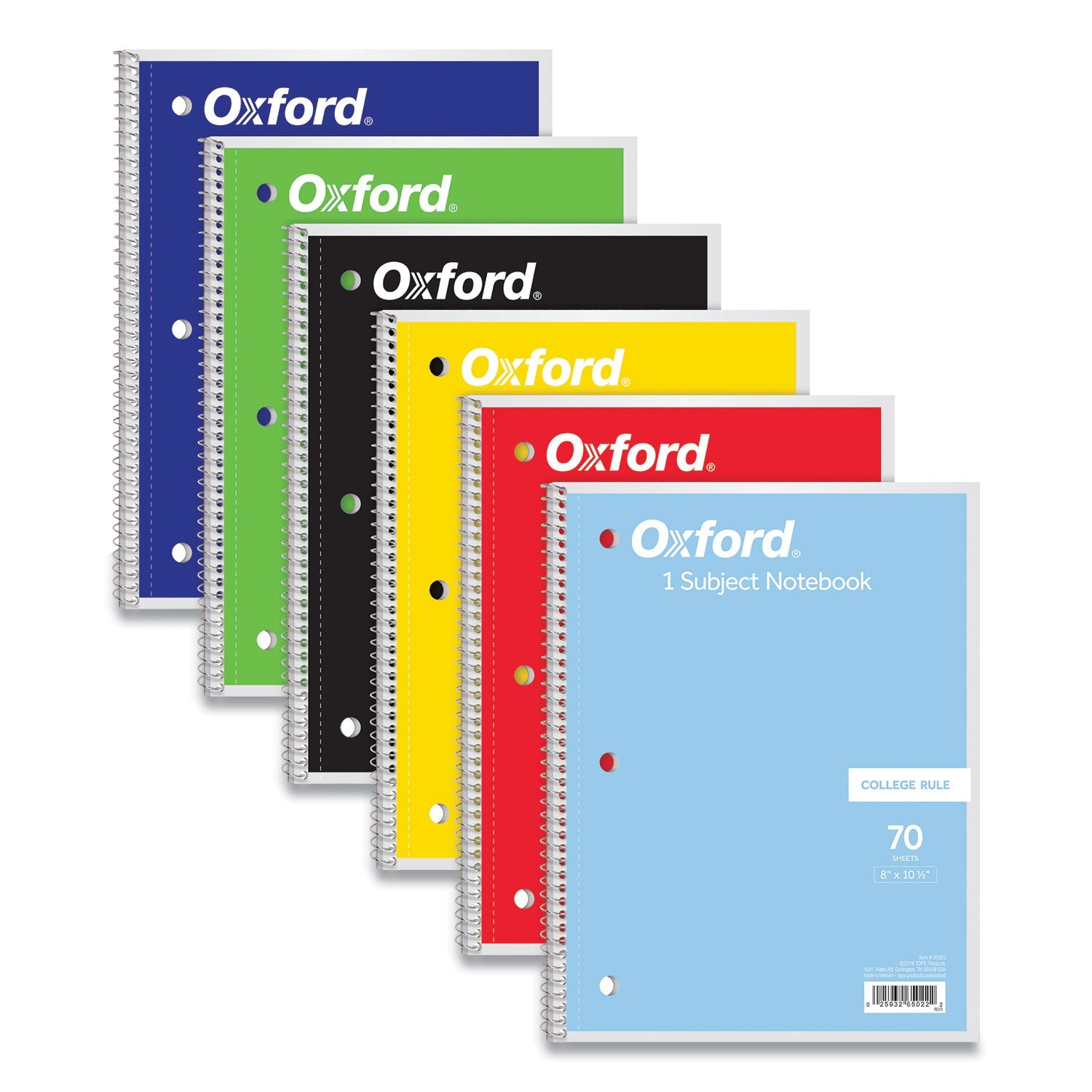 Oxford™ Coil-Lock Wirebound Notebooks, 3-Hole Punched, 1-Subject, Medium/College Rule, Randomly Assorted Covers, (70) 10.5 x 8 Sheets