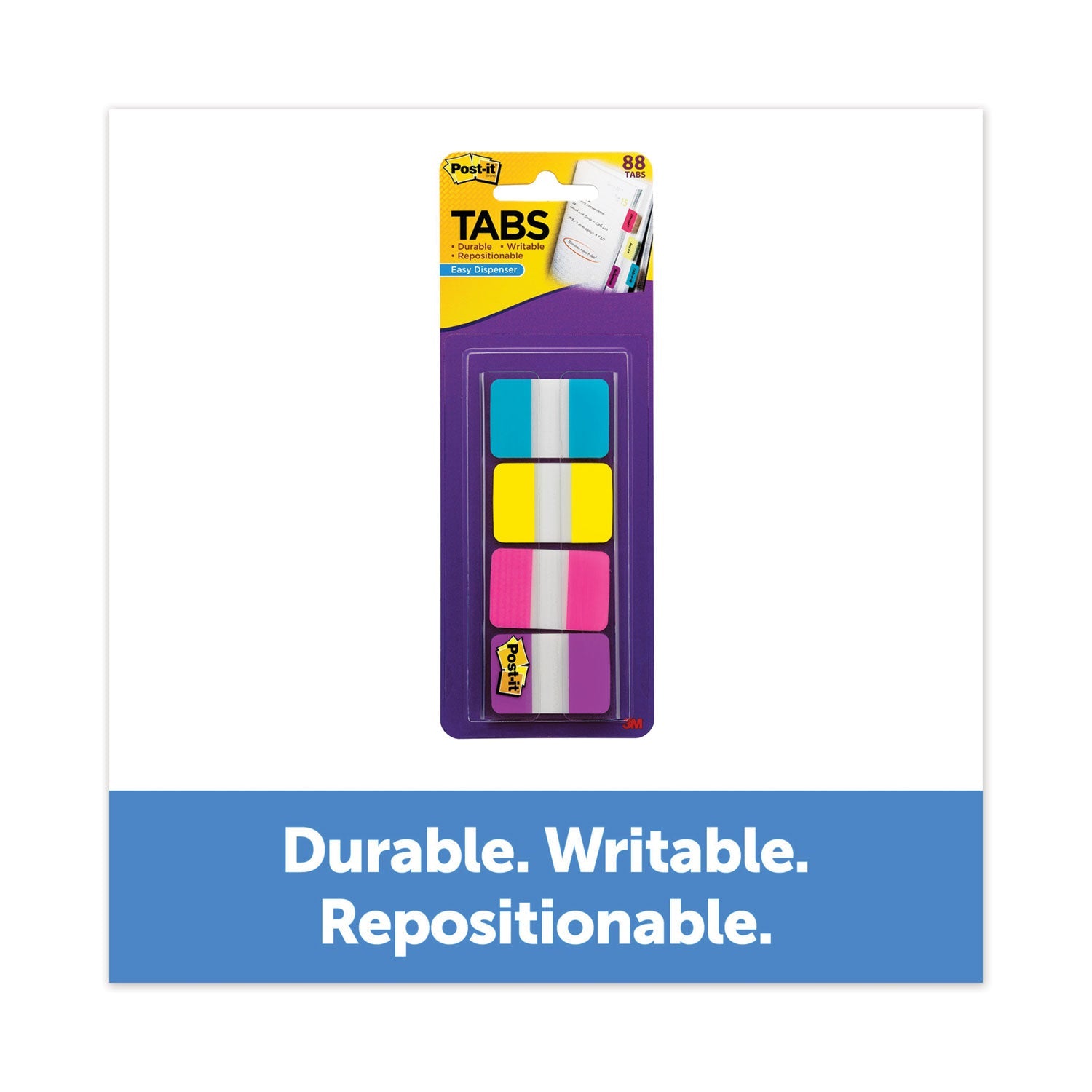 Post-it® 1" Wide Tabs With Dispenser, Aqua, Pink, Violet, Yellow, 88/pack