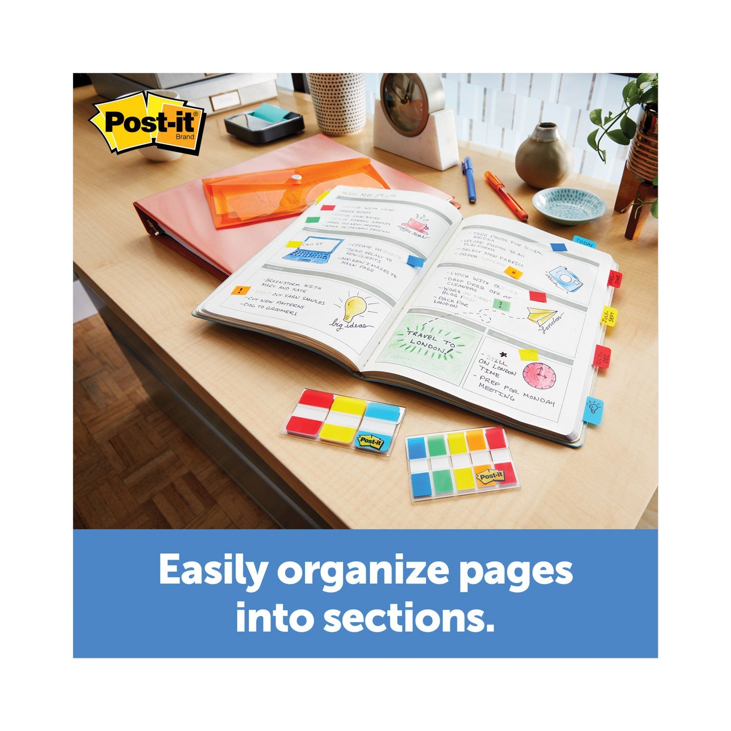 Post-it® 1" Wide Tabs With Dispenser, Aqua, Lime, Red, Yellow, 88/pack