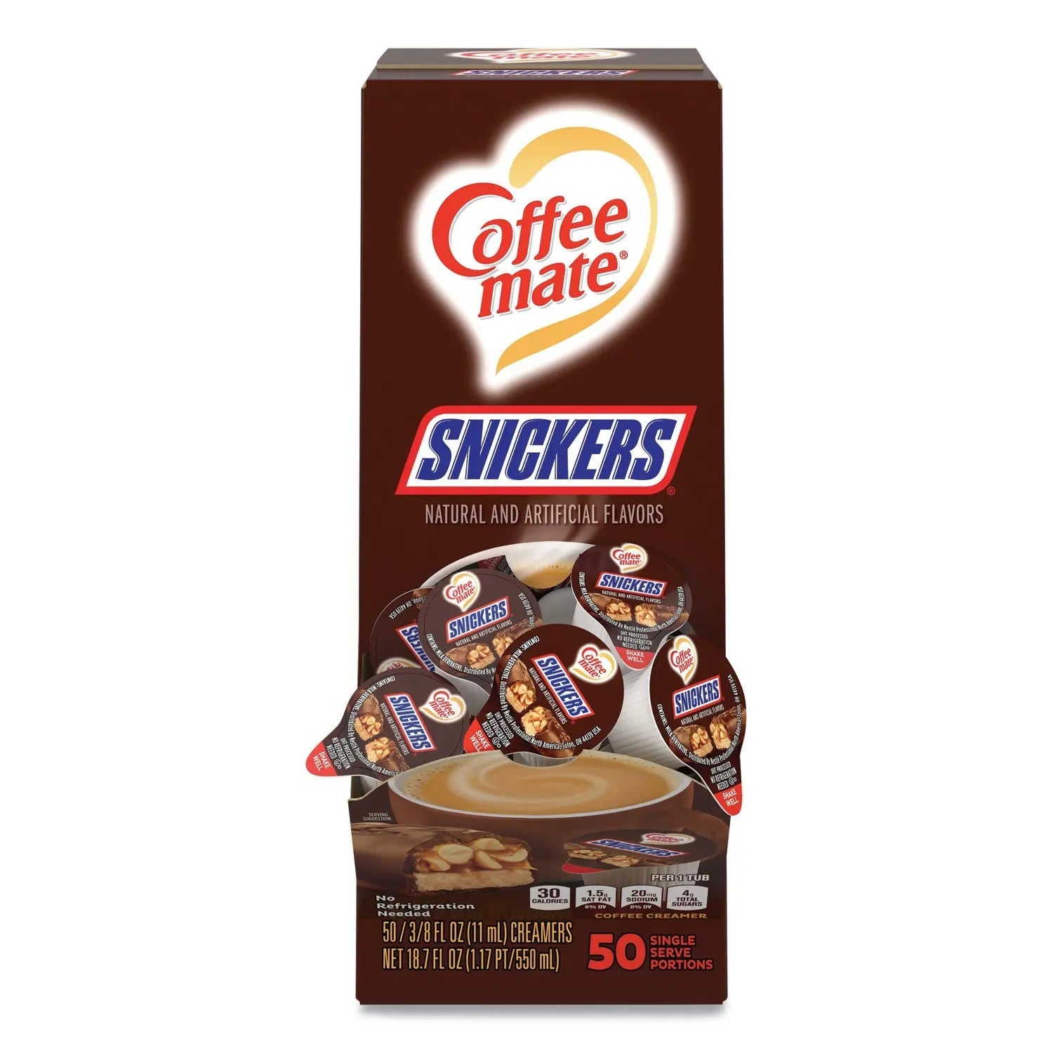 Coffee mate® Liquid Coffee Creamer, Snickers, 0.38 oz Mini Cups, 50/Box - Bloom Skins