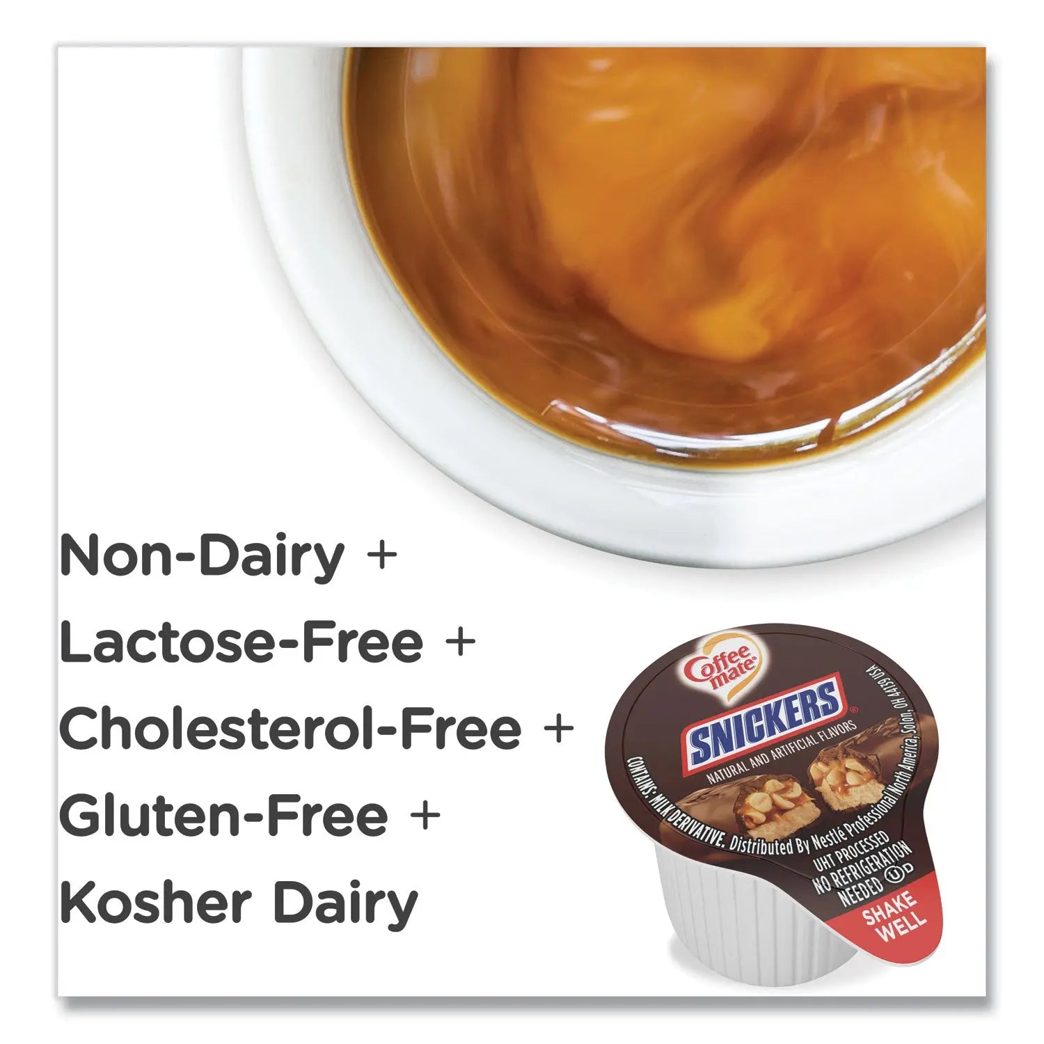 Coffee mate® Liquid Coffee Creamer, Snickers, 0.38 oz Mini Cups, 50/Box - Bloom Skins
