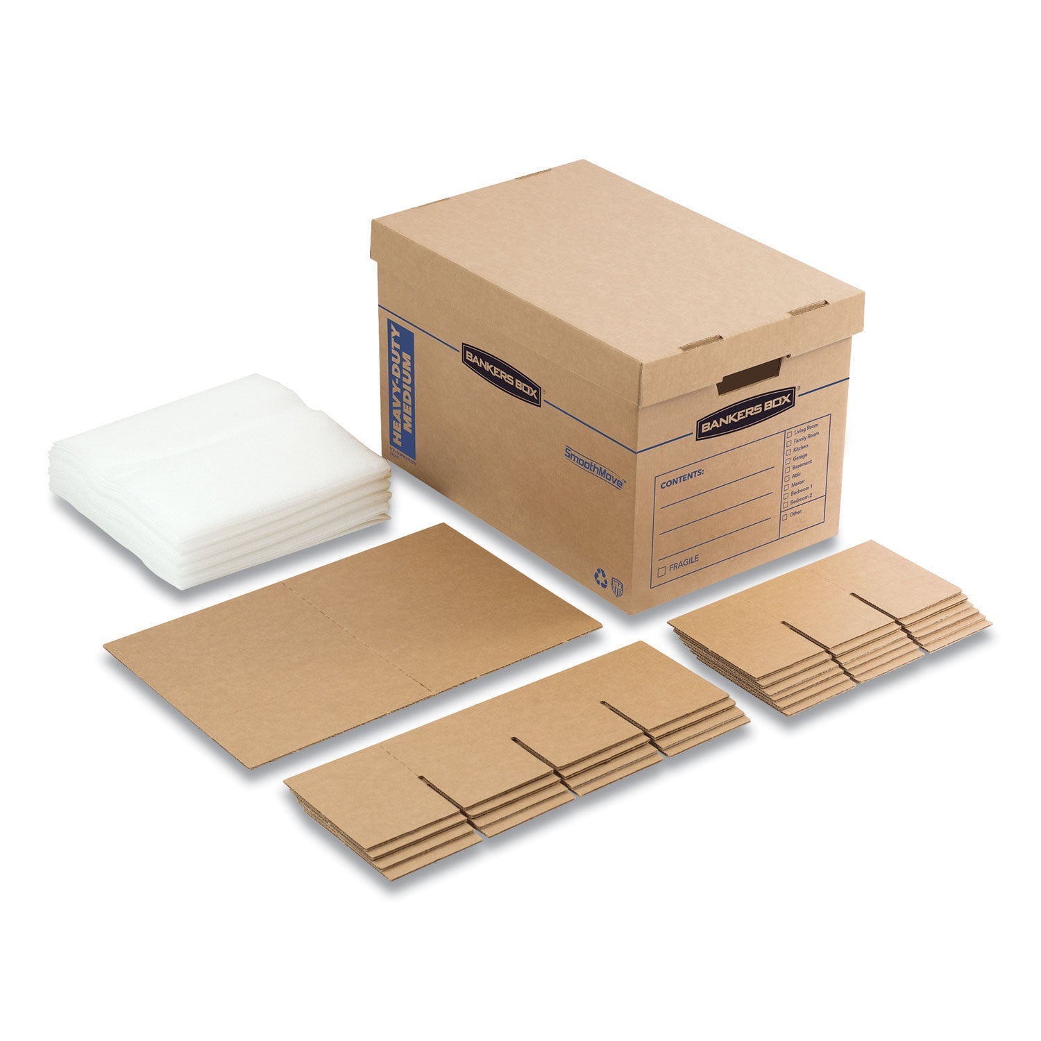 Bankers Box® SmoothMove Kitchen Moving Kit with Dividers + Foam, Half Slotted Container (HSC), Medium, 12.25" x 18.5" x 12", Brown/Blue