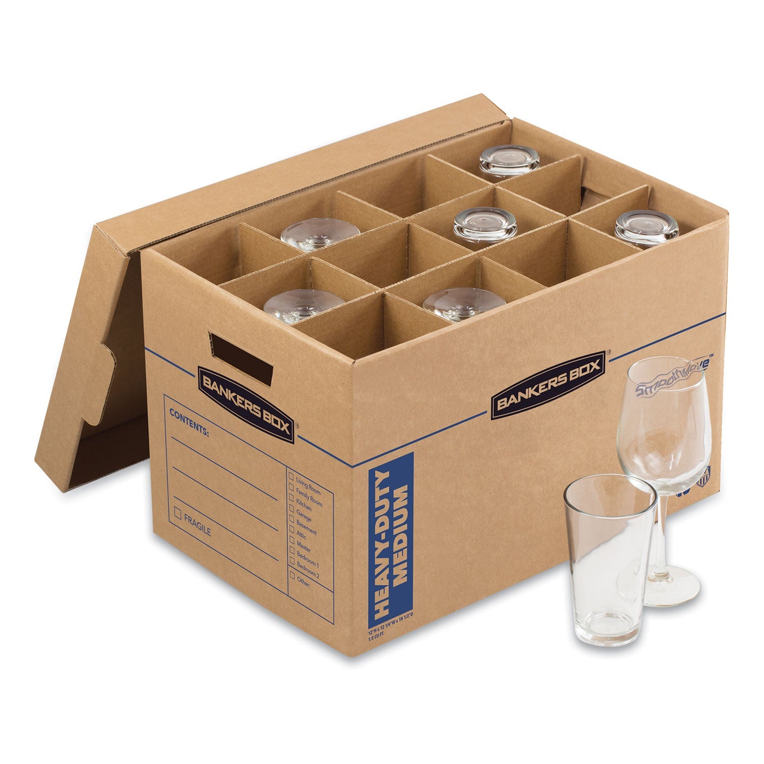 Bankers Box® SmoothMove Kitchen Moving Kit with Dividers + Foam, Half Slotted Container (HSC), Medium, 12.25" x 18.5" x 12", Brown/Blue