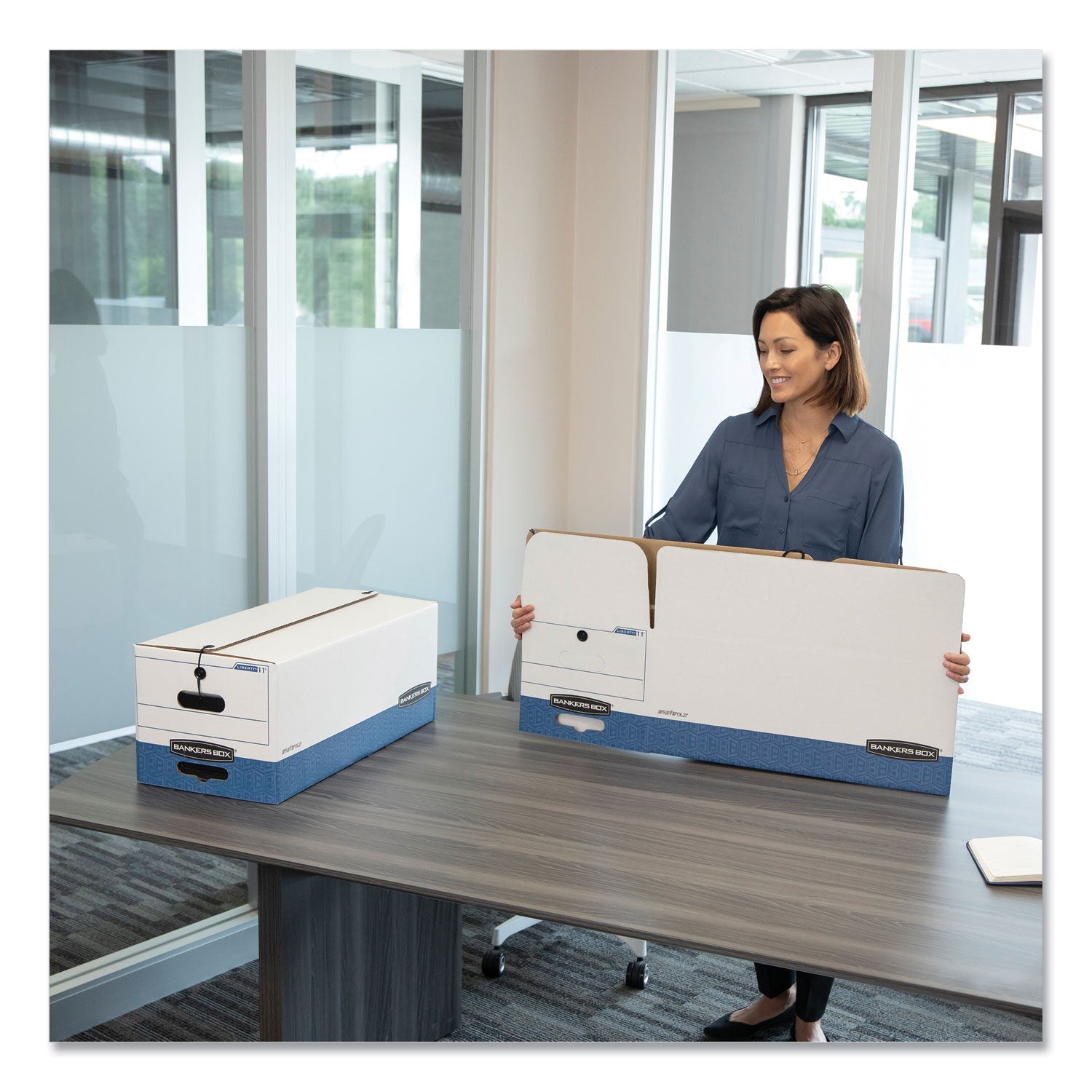 Bankers Box® Stor/file Medium-Duty Strength Storage Boxes, Legal Files, 15.25" X 24.13" X 10.75", White/blue, 12/carton