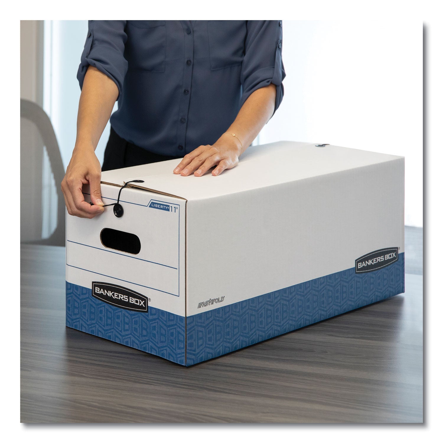 Bankers Box® Stor/file Medium-Duty Strength Storage Boxes, Legal Files, 15.25" X 19.75" X 10.75", White/blue, 4/carton