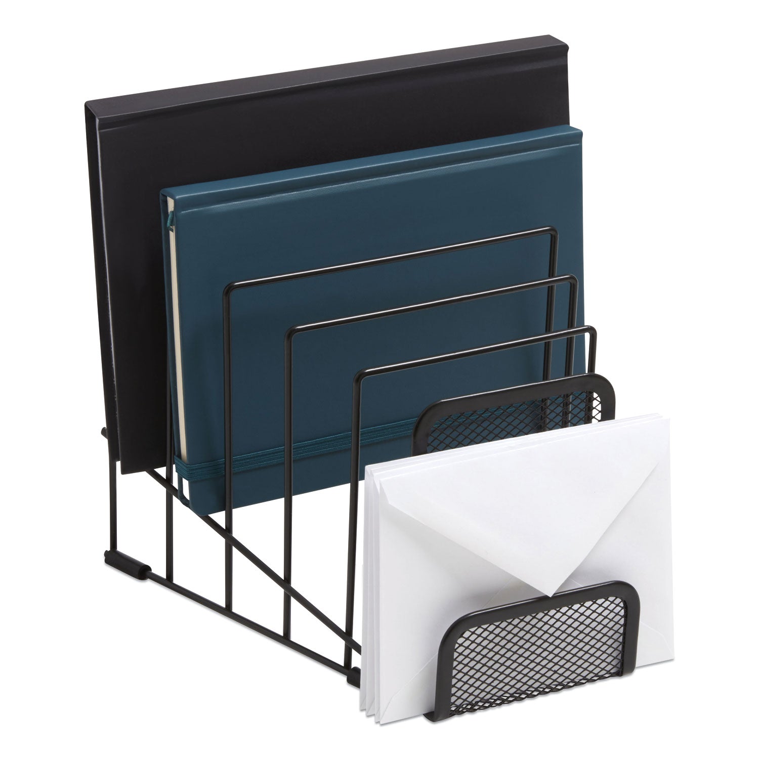 TRU RED™ Metal Incline Sorter With Wire Mesh Mobile Device Holder, 6 Sections, 7.48 X 8.77 X 7.55, Matte Black