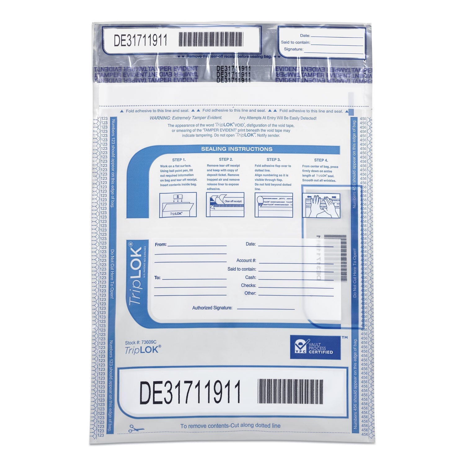Control Papers Triplok Series A Tamper-Evident Bags, 9 X 12, Clear, 100/pack