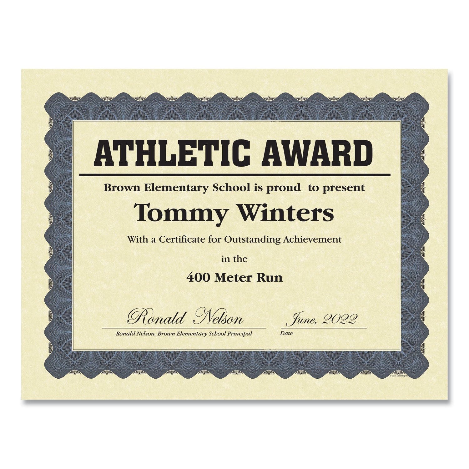 Great Papers!® Metallic Border Certificates, 11 X 8.5, Ivory/blue With Blue Border, 100/pack
