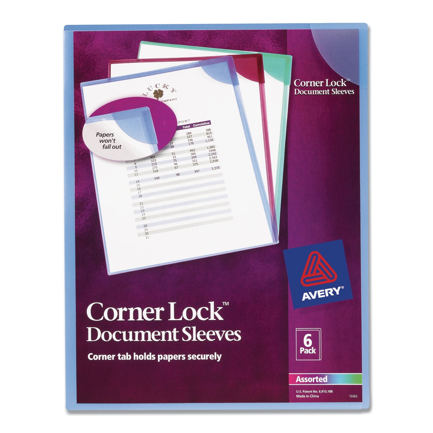 Avery® Corner Lock Document Sleeves, Letter Size, Assorted Colors, 6/pack