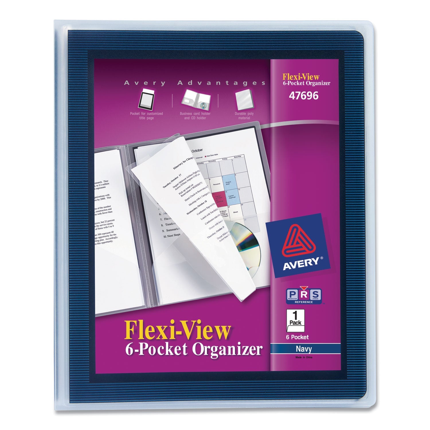Avery® Flexi-View Six-Pocket Polypropylene Organizer, 150-Sheet Capacity, 11 X 8.5, Translucent/navy