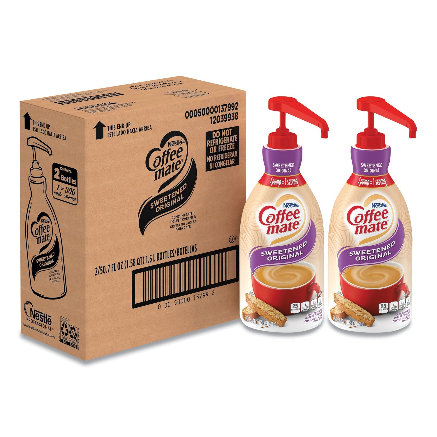 Coffee mate® Liquid Coffee Creamer, Sweetened Original, 1.5 L Pump Bottle, 2/Carton