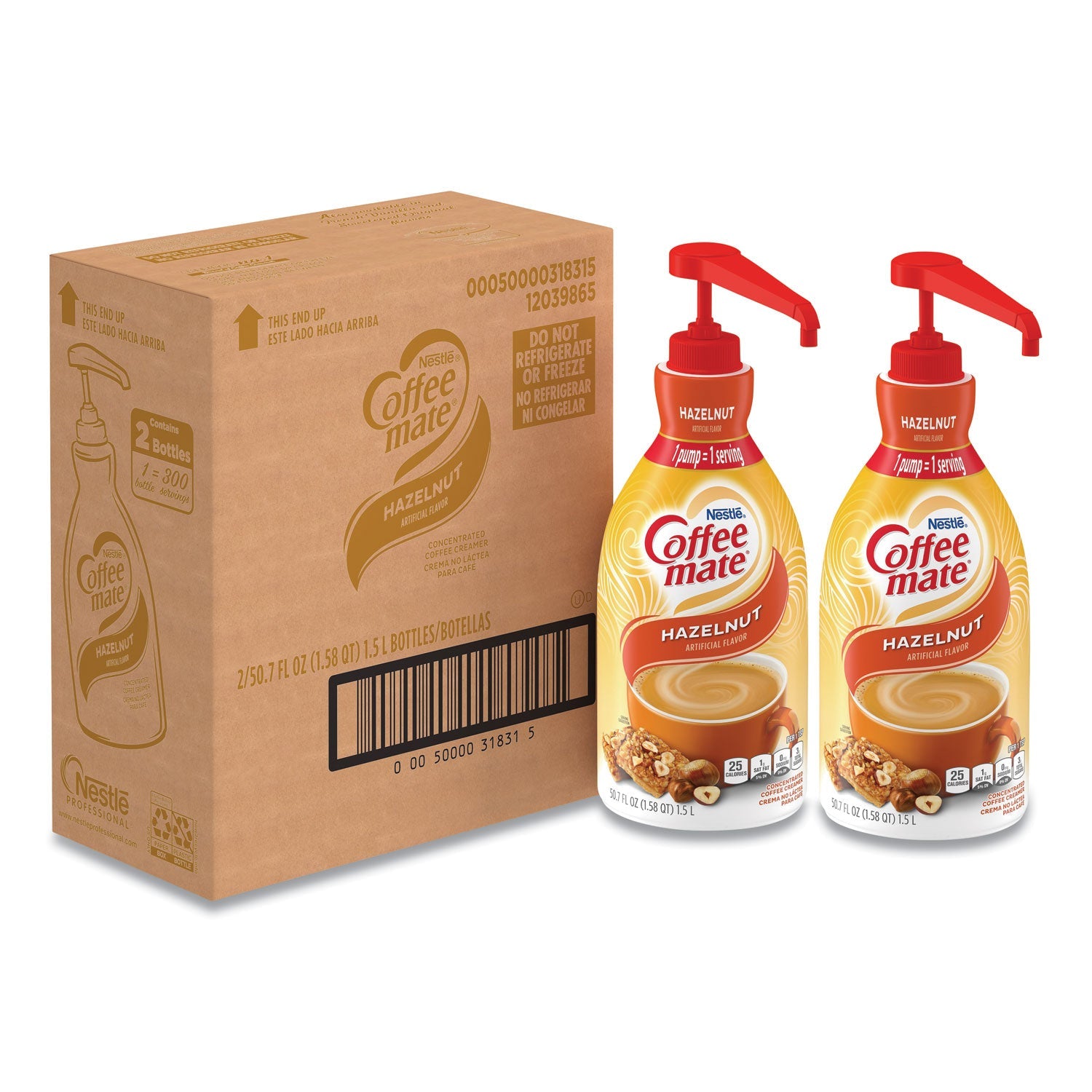 Coffee mate® Liquid Coffee Creamer, Hazelnut, 1.5 L Pump Bottle, 2/Carton
