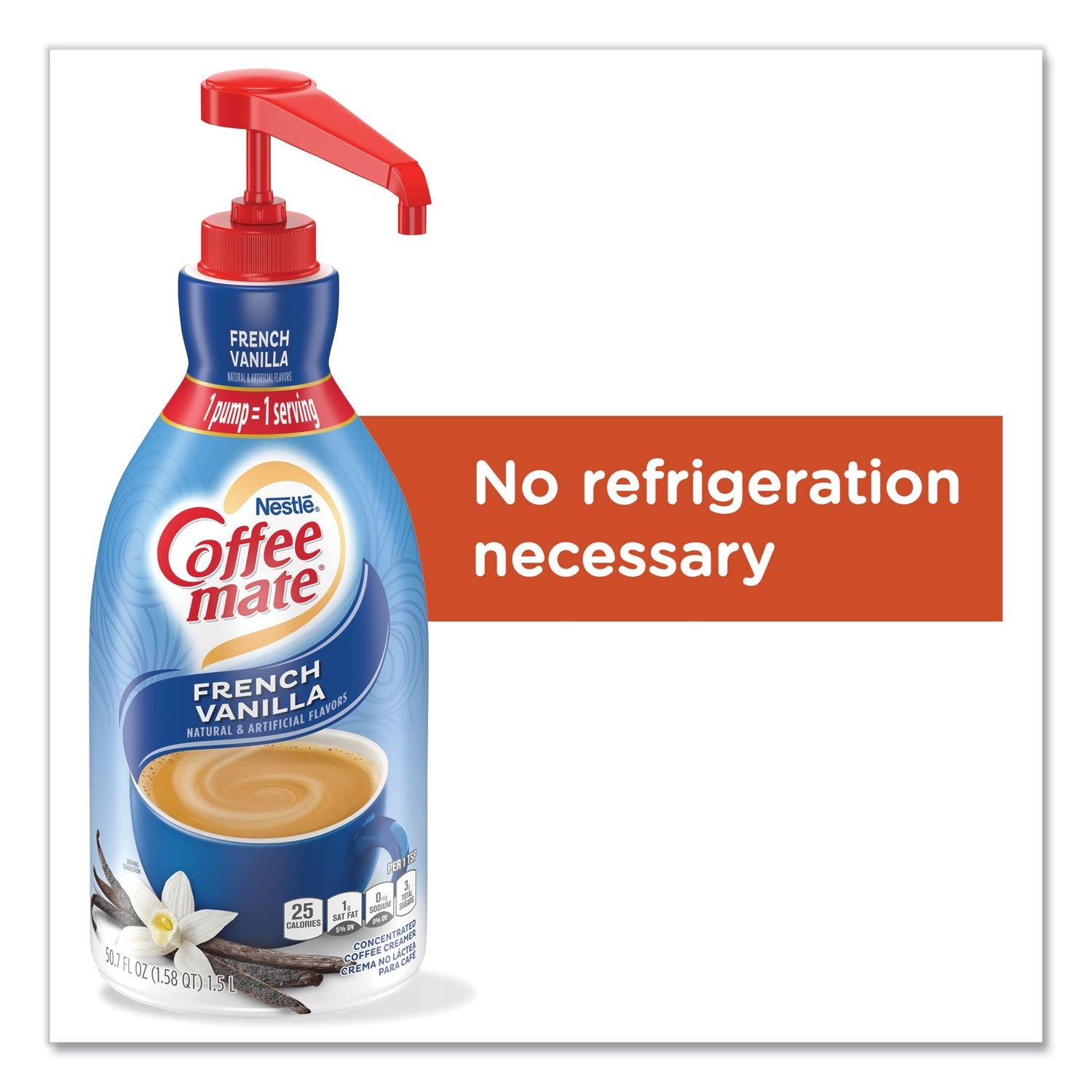 Coffee mate® Liquid Coffee Creamer, French Vanilla, 1.5 L Pump Bottle, 2/Carton