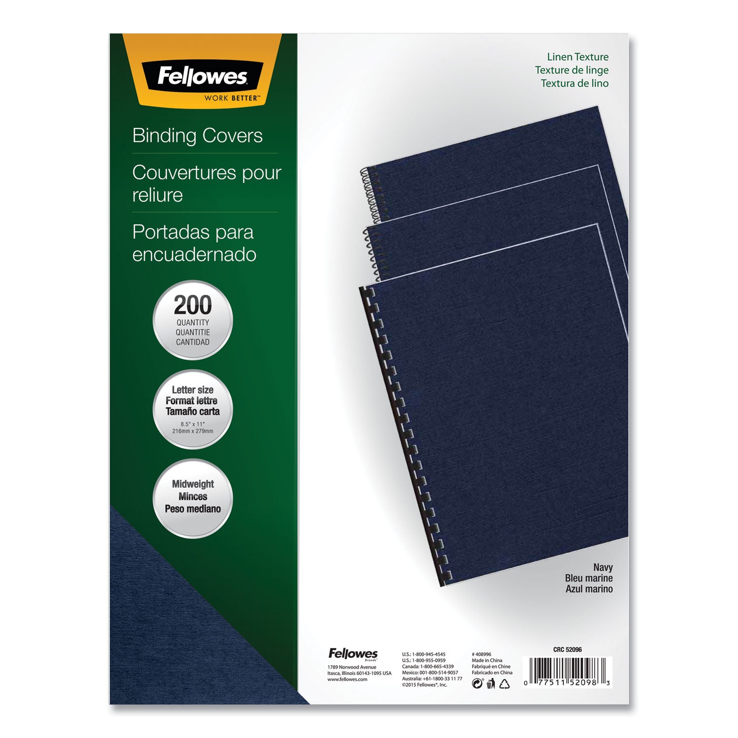 Fellowes® Expressions Linen Texture Presentation Covers for Binding Systems, Navy, 11 x 8.5, Unpunched, 200/Pack