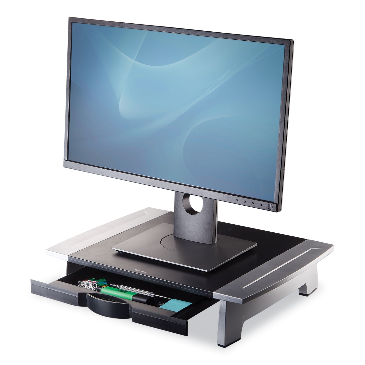 Fellowes® Office Suites Standard Monitor Riser, For 21" Monitors, 19.78" X 14.06" X 4" To 6.5", Black/silver, Supports 80 Lbs