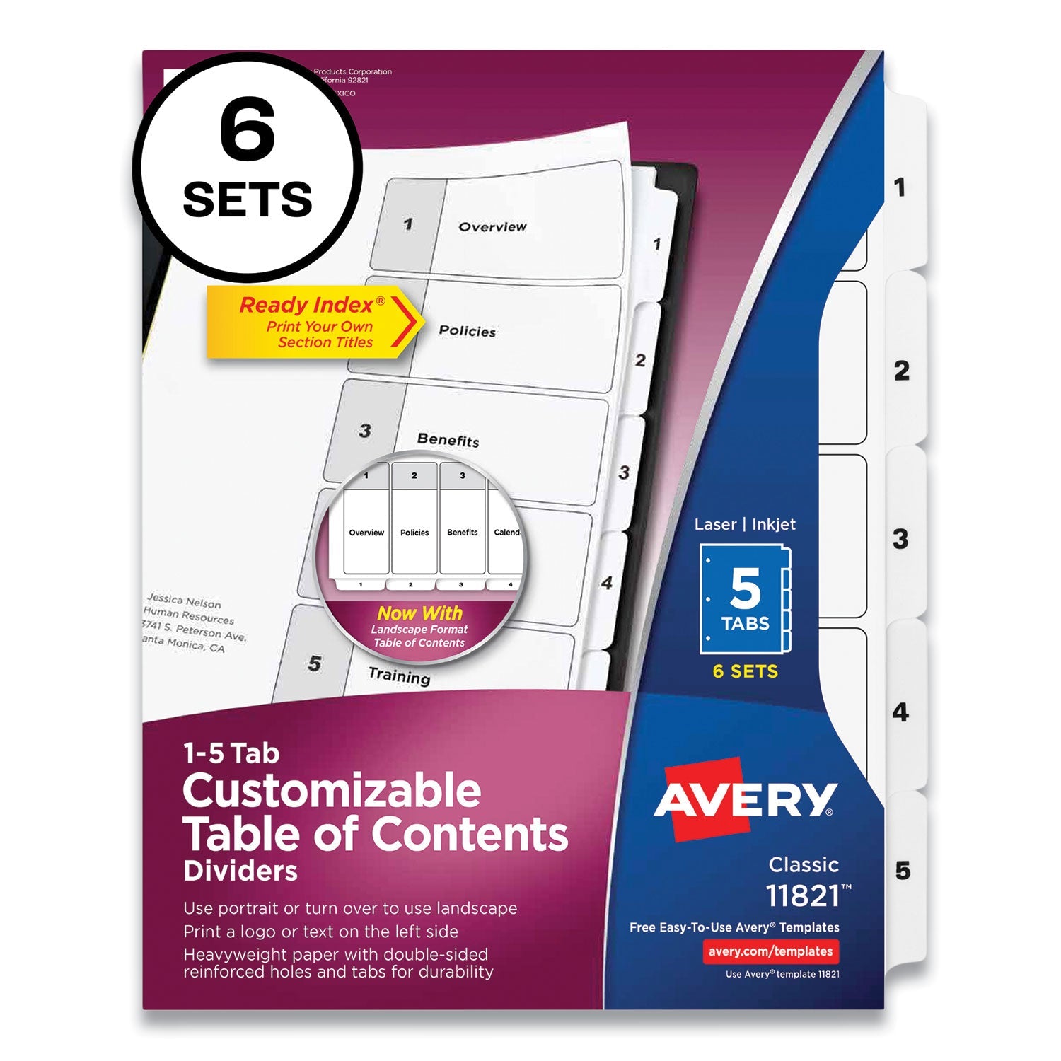 Avery® Customizable Table of Contents Ready Index Black and White Dividers, 5-Tab, 1 to 5, 11 x 8.5, White, 6 Sets