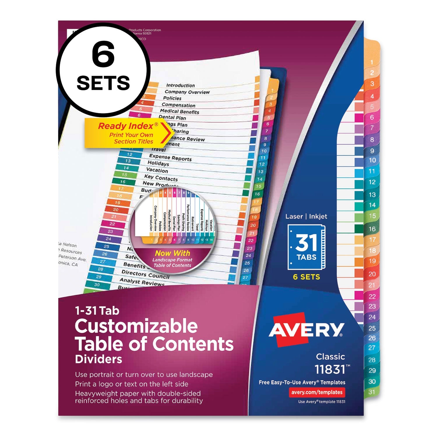 Avery® customizable table of contents ready index multicolor dividers, 31-tab, 1 to 31, 11 x 8.5, white, 6 sets