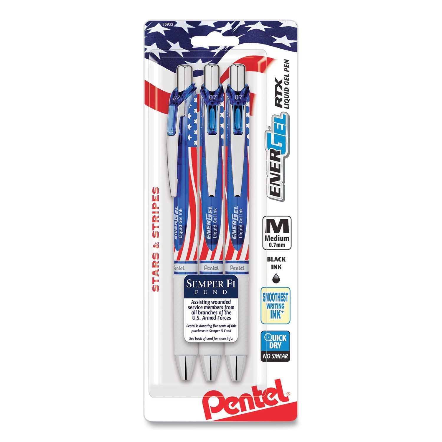 Pentel® ENERGEL RTX STARS AND STRIPES GEL PEN, RETRACTABLE, MEDIUM 0.7 MM, BLACK INK, RED/WHITE/BLUE BARREL, 3/PACK
