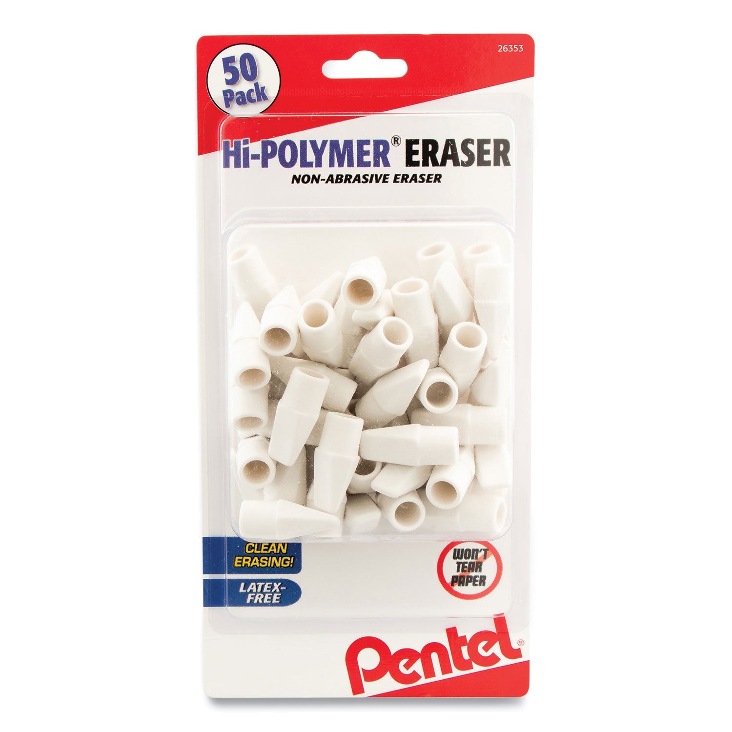 Pentel® HI-POLYMER CAP ERASER, FOR PENCIL MARKS, WHITE, 50/PACK