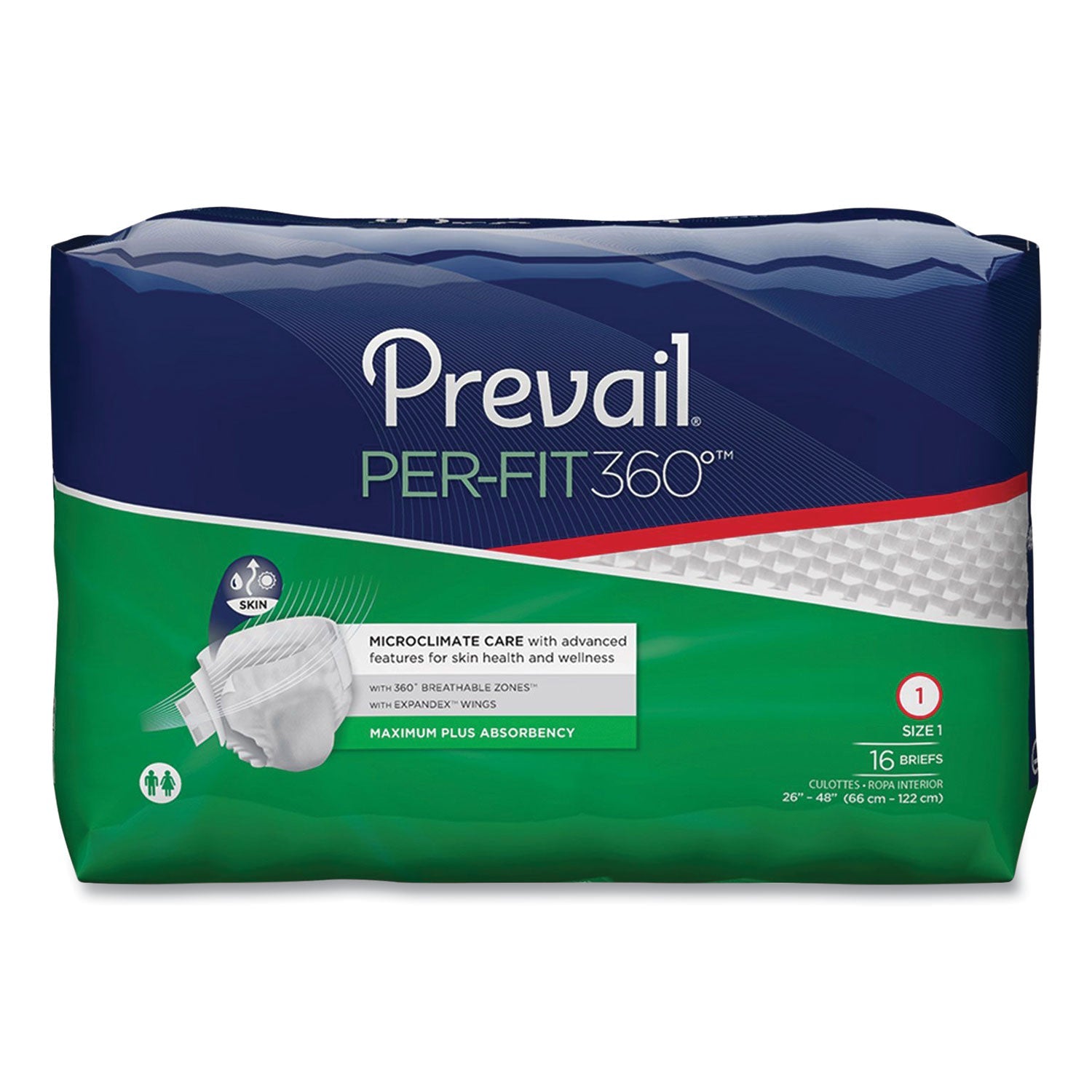 Prevail® Per-Fit360 Degree Briefs, Maximum Plus Absorbency, Size 1, 26" To 48" Waist, 96/carton